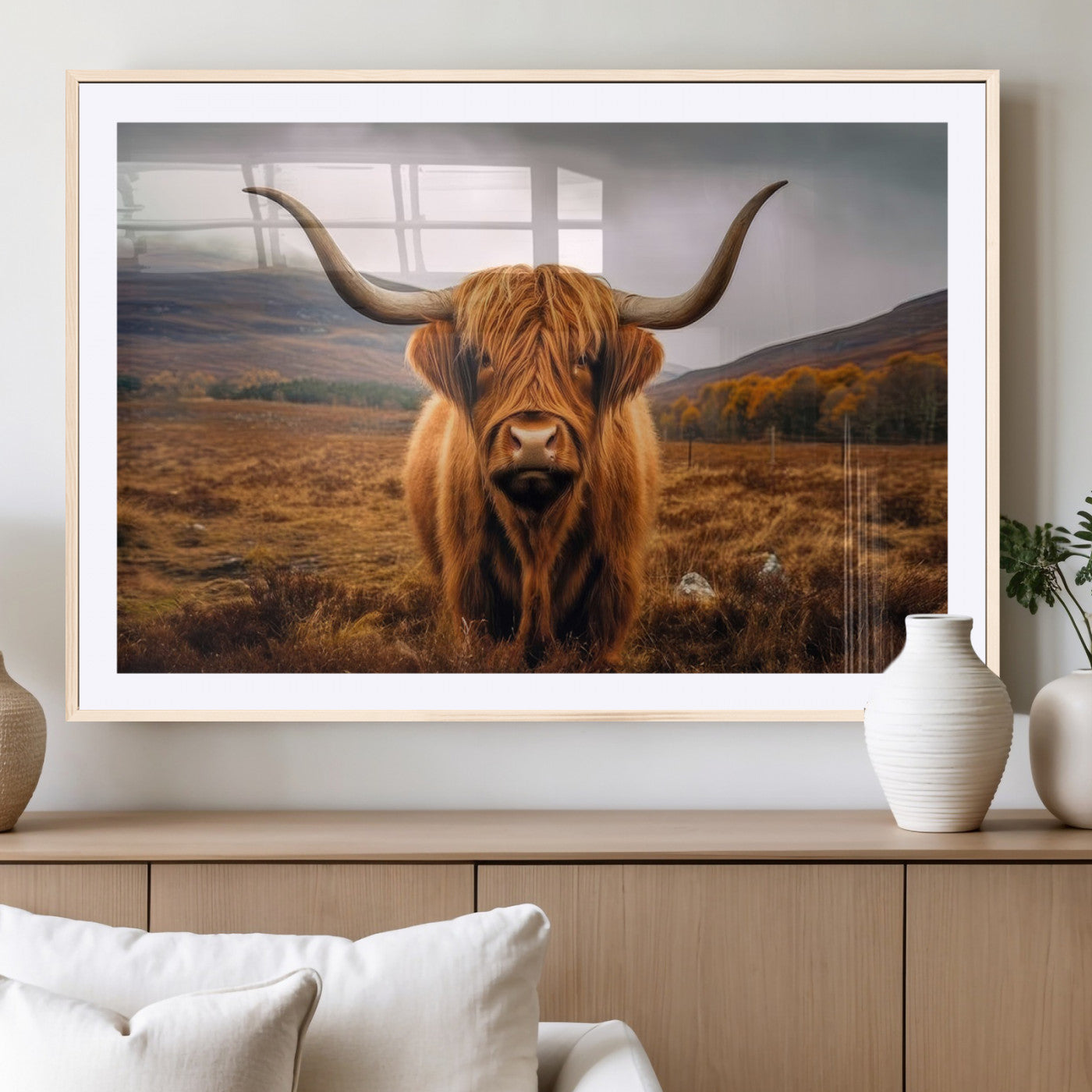 65529-MGC-FP-36x24_Natural-Highland Cow Longhorn Wall Art – Rustic Canvas Print, Framed and Ready to Hang for Farmhouse Décor