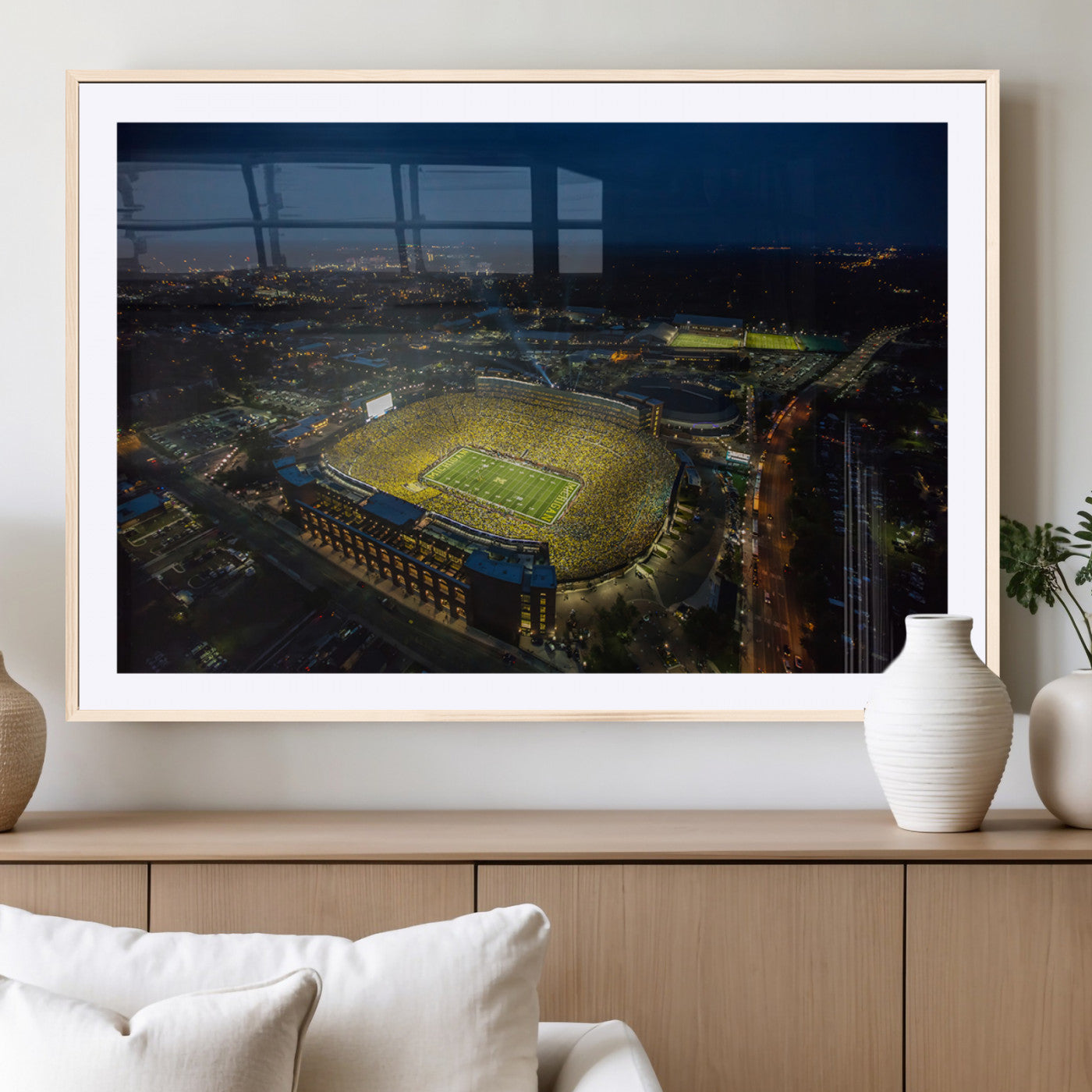 -Michigan Stadium Night Game Wall Art – Sports Arena Aerial View Canvas Print, Framed, Ready to Hang