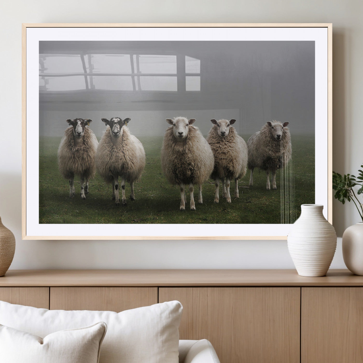 -Flock of Sheep in a Mystical Fog – Pastoral Wall Art Canvas Print, Framed, Ready to Hang