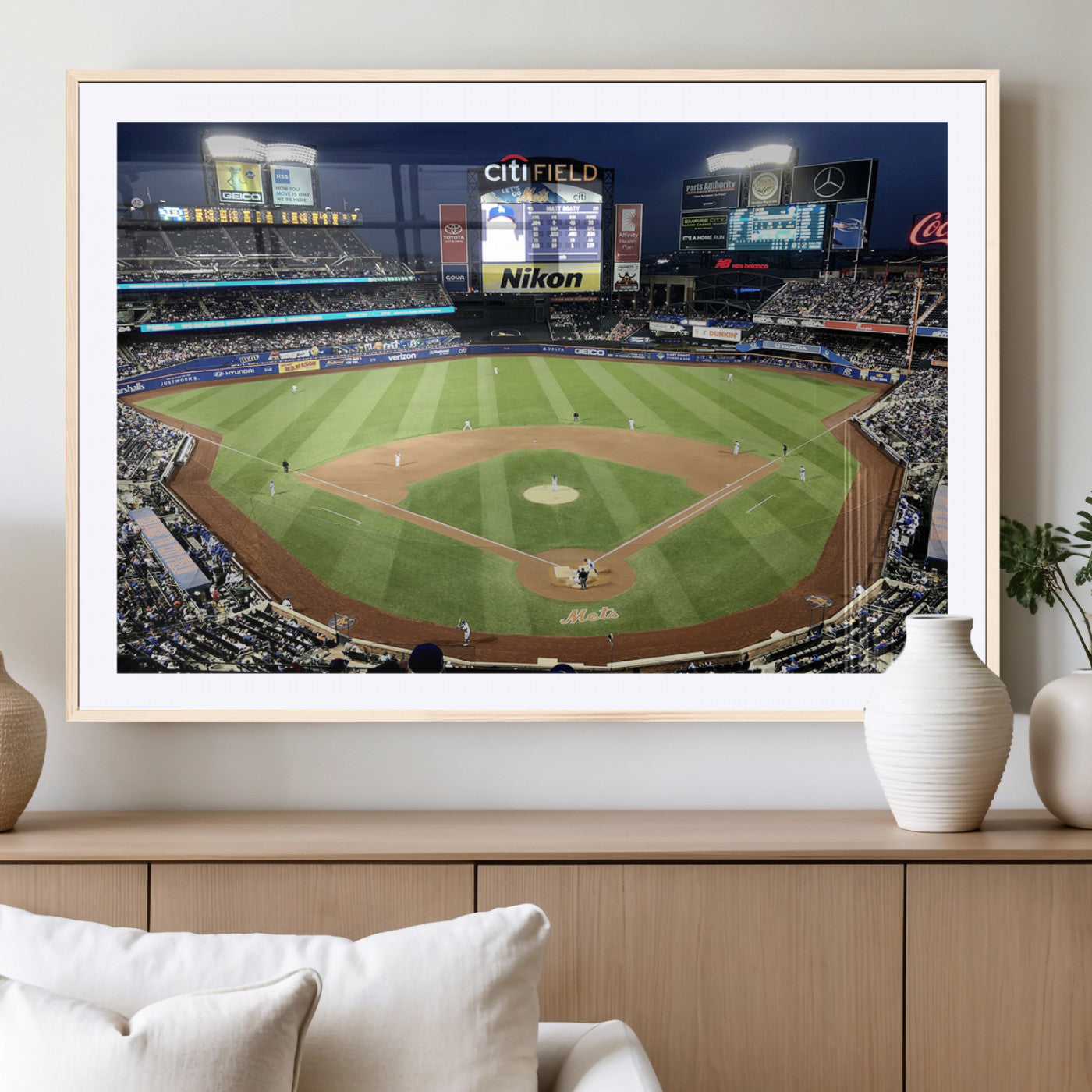87666-MGC-FP-36x24_Natural-Citi Field Wall Art Print | 3-Panel New York Mets Baseball Stadium Canvas Print | Framed Sports