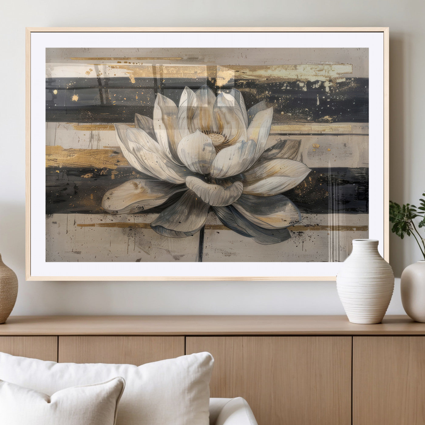 MGC-FP-36x24 - Lotus Flower Wall Art Canvas Print, Framed Abstract Lotus Art Picture Print, White Lotus Flower Perfect Abstract Floral Decor Artwork
