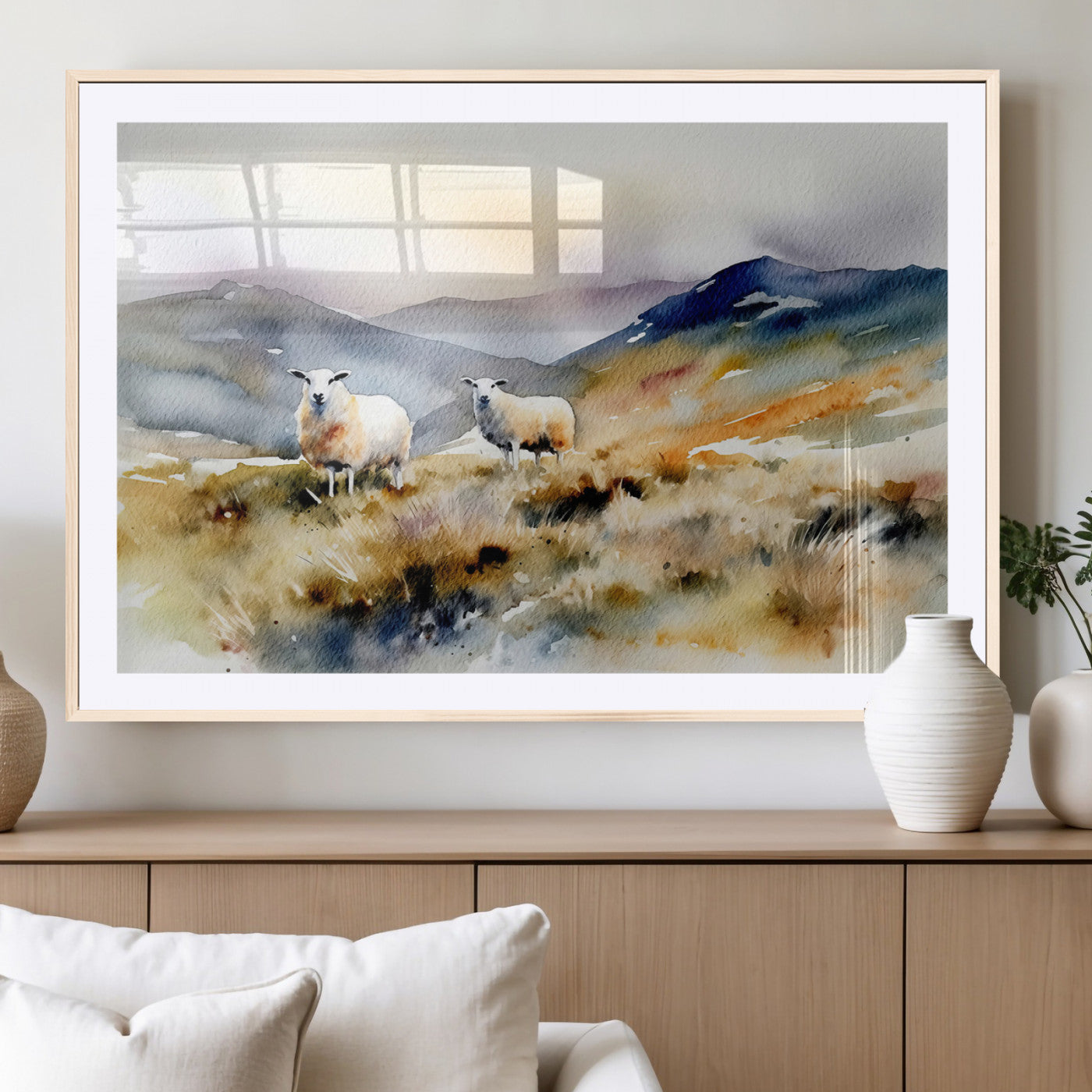 58145-MGC-FP-36x24_Natural-Watercolor Sheep for Farmhouse Decor Wall Art Canvas Print, Mountain Wall Art Print