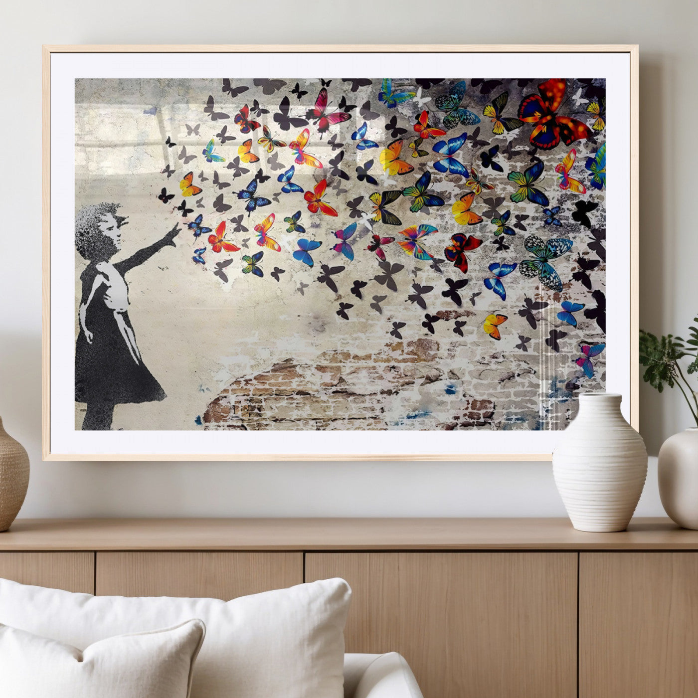 MGC-FP-36x24 - Banksy Graffiti Wall Art Canvas Print: Girl Releasing Vibrant Butterflies – Ready to Hang