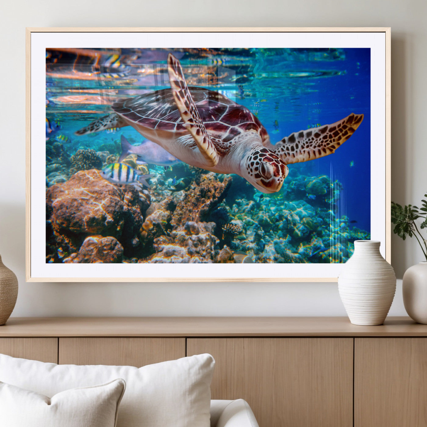MGC-FP-36x24 - Underwater Coral Reef Sea Turtle Wall Art Canvas Print, Vibrant Marine Life | Colorful Ocean Scene