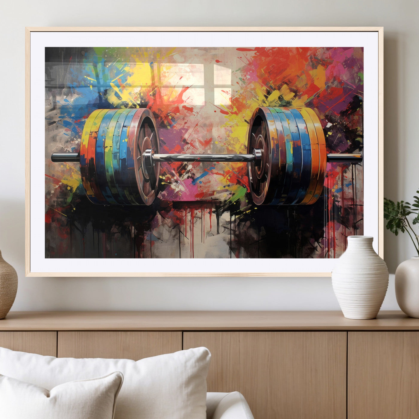 -Weightlifting Barbell Art Triptych, Bold Abstract Fitness Wall Decor for Gym or Home, Giclee Canvas