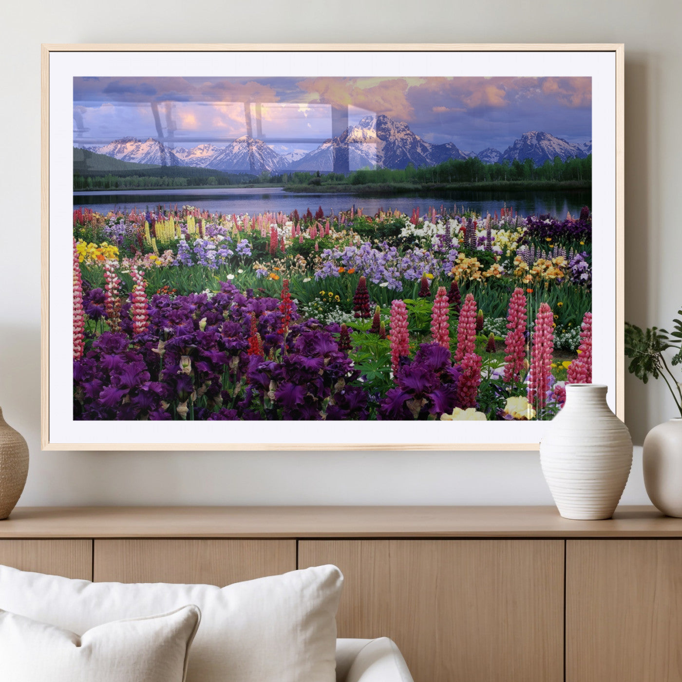 MGC-FP-36x24 - Vibrant Wildflower Garden and Mountain View Giclee Canvas Print | Floral Wall Art for Living Room