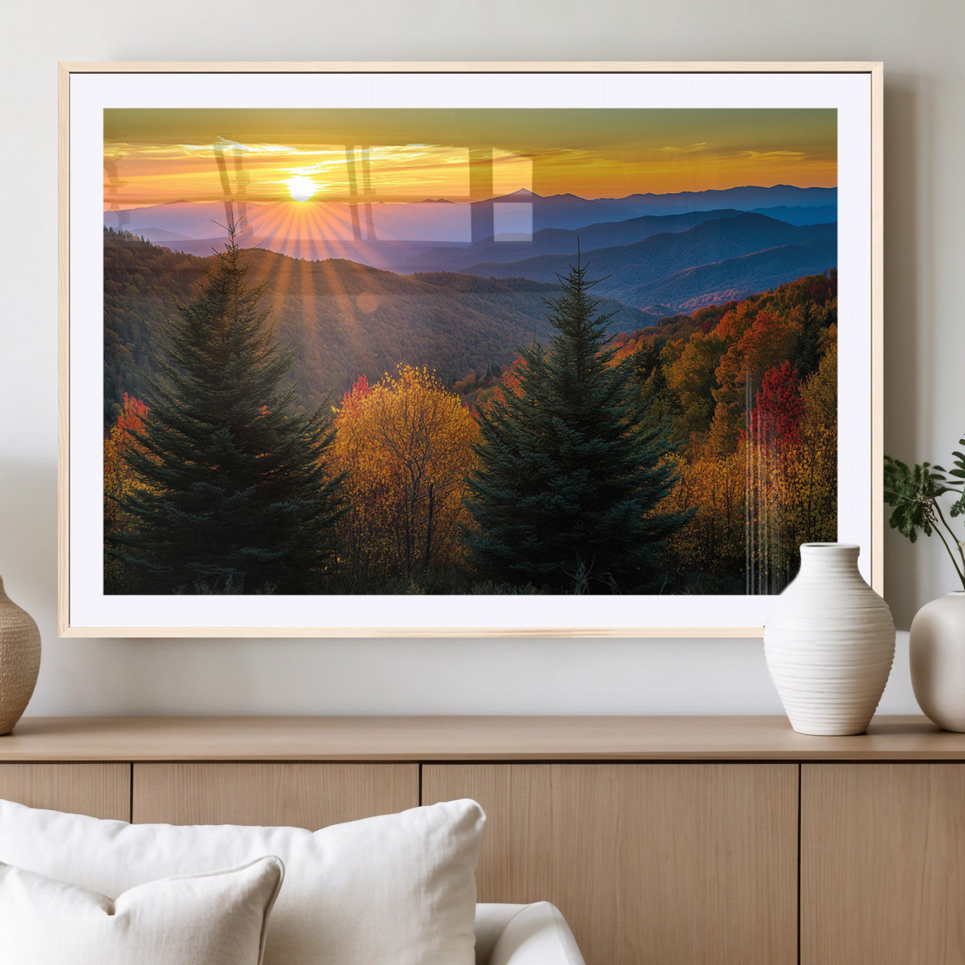 MGC-FP-36x24 - Golden Sunset Over Mountain Forest Canvas Wall Art Print - Warm Nature-Inspired Landscape for Living