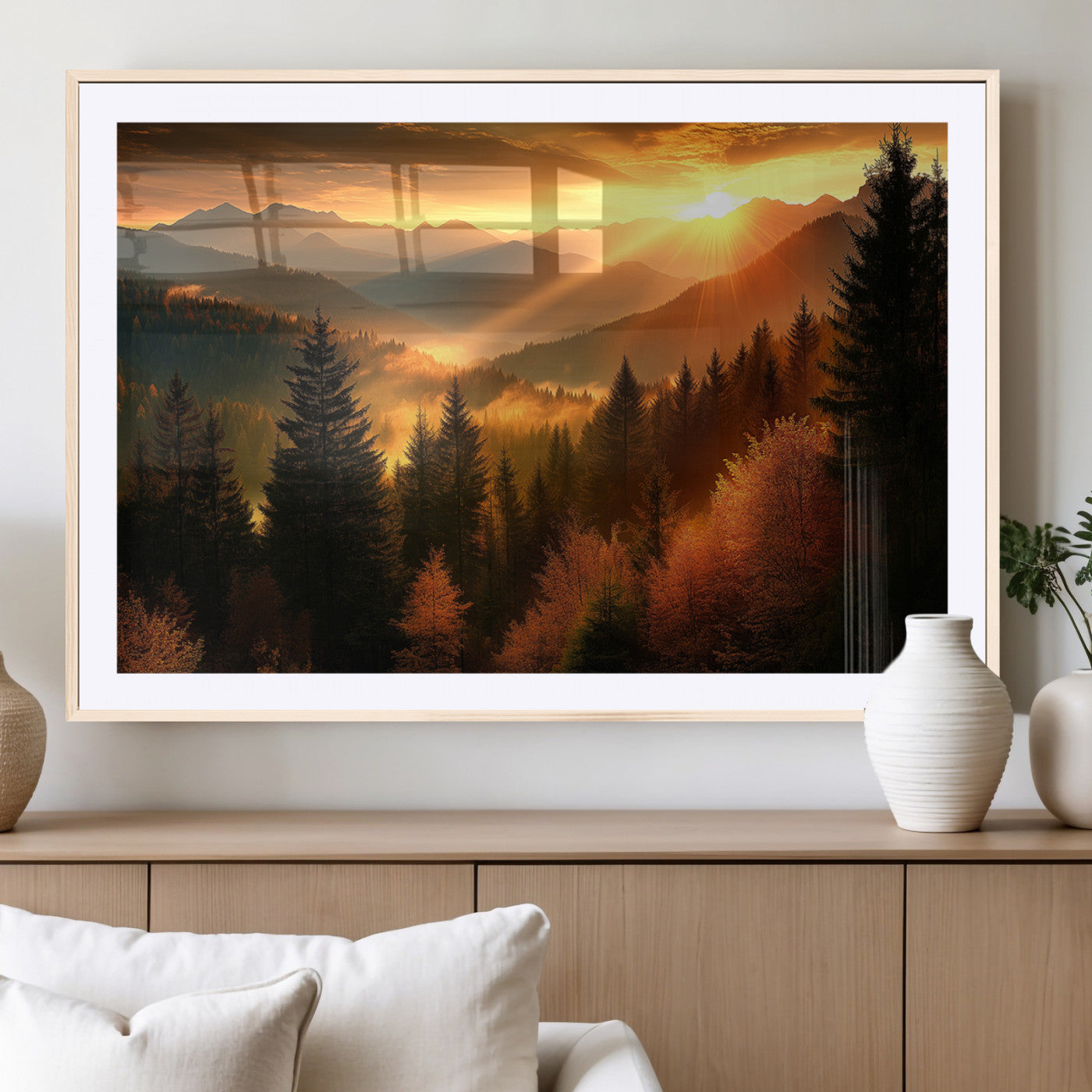 MGC-FP-36x24 - Golden Sunset Over Mountain Forest Canvas Wall Art Print - Warm Nature Landscape Print