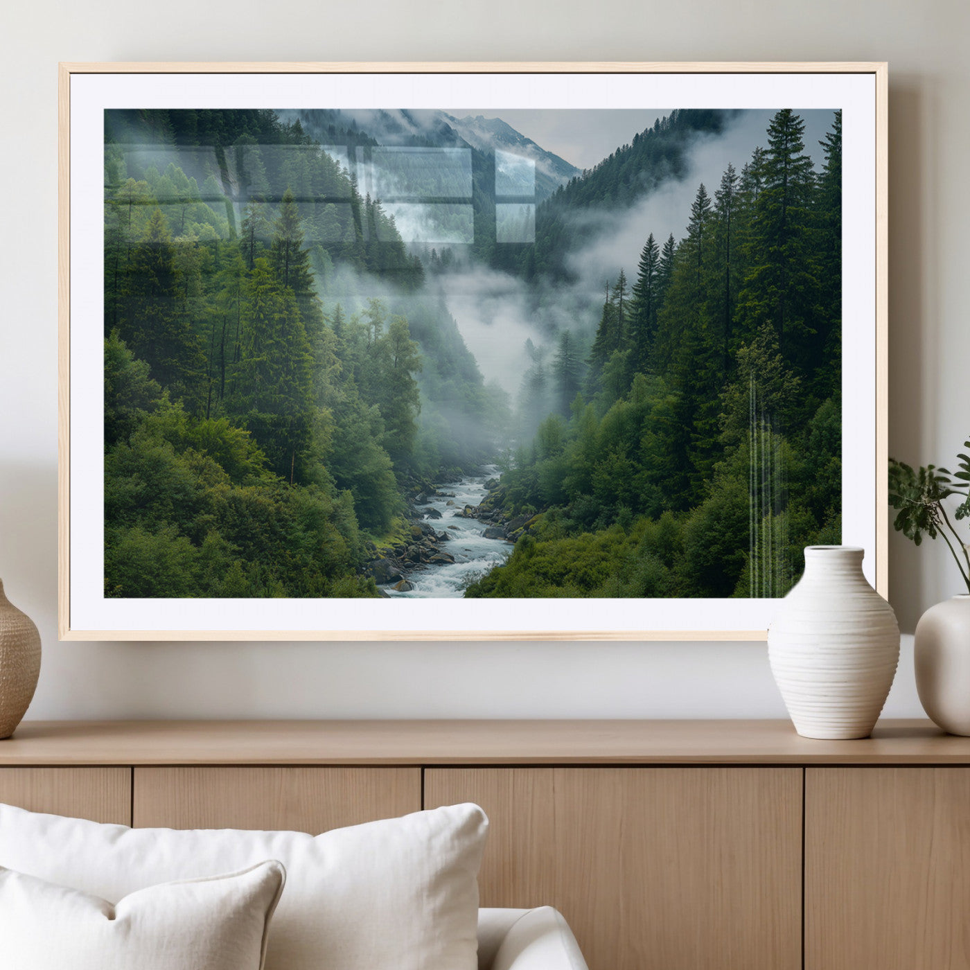 MGC-FP-36x24 - Mountain Forest River Canvas Wall Art Print - Serene Nature Landscape for Living Room, Office, or