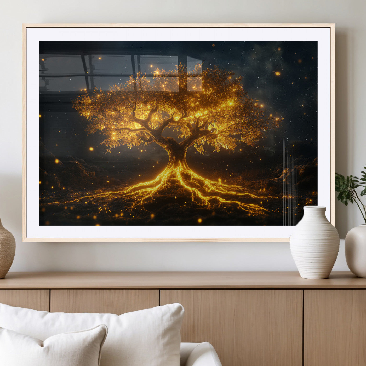MGC-FP-36x24 - Golden Tree of Life Canvas Wall Art Print - Majestic Glowing Tree Design for Living Room, Office, or