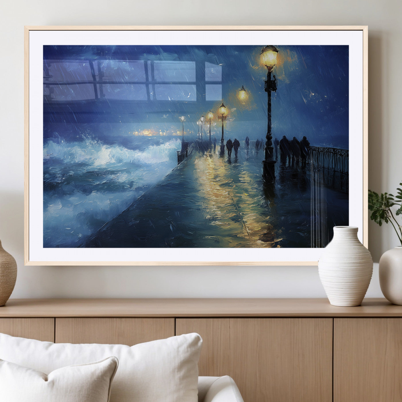 MGC-FP-36x24 - Abstract Stormy Ocean Pier Canvas Wall Art Print | Stormy Ocean Art | Large Moody Night Scene Print,