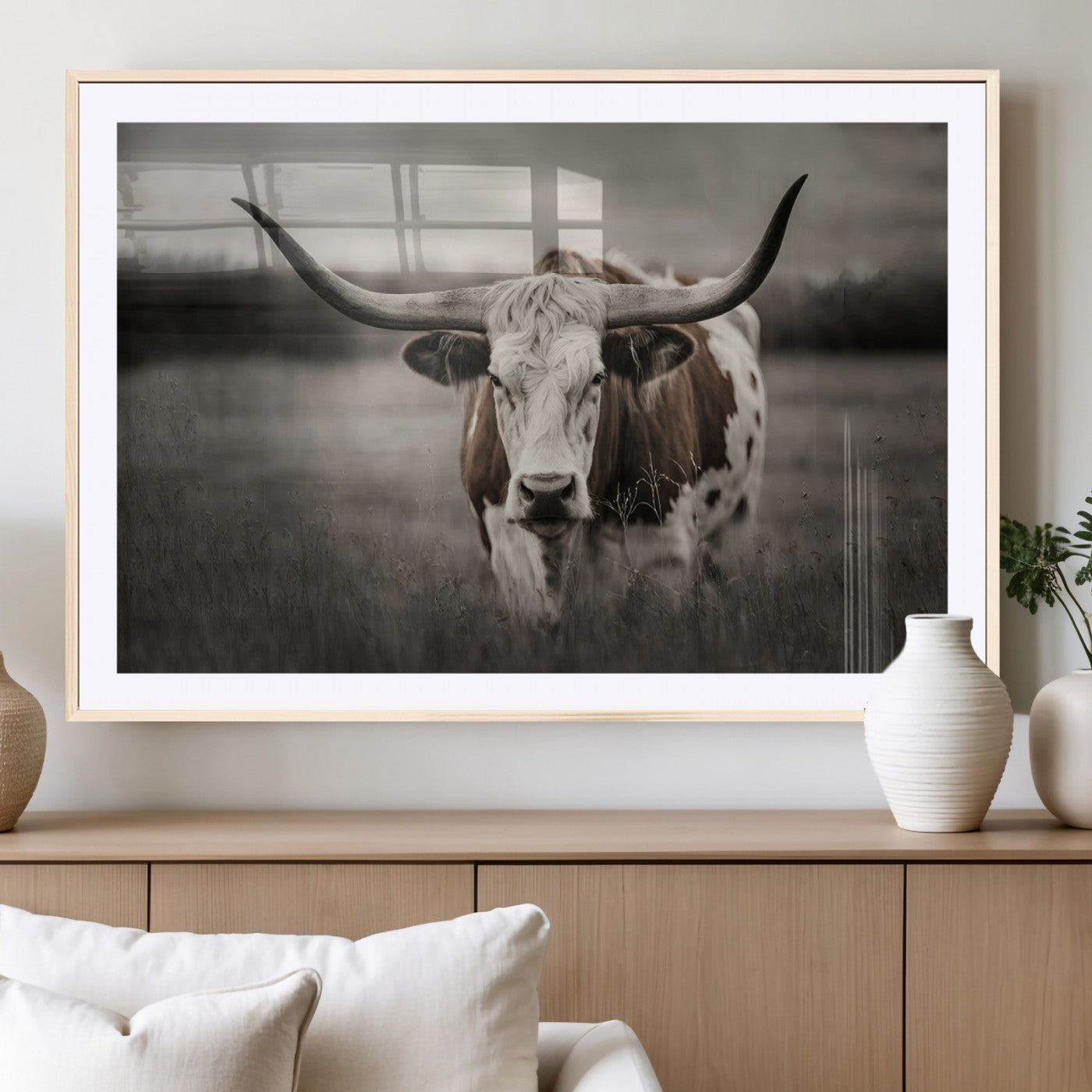 MGC-FP-36x24 - Texas Longhorn Cow Canvas Wall Art Print - Large Rustic Longhorn Art for Living Room, Western Wall