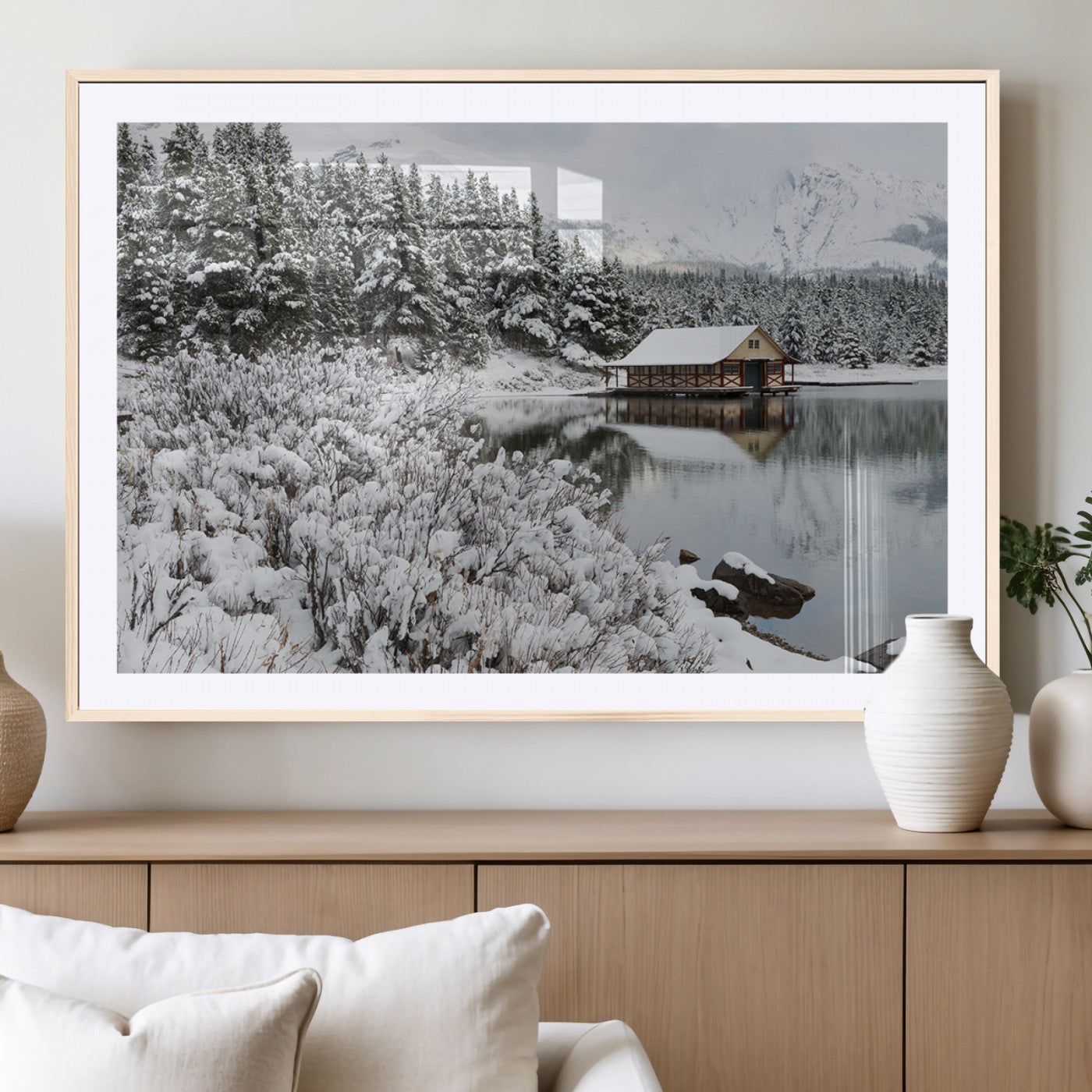 MGC-FP-36x24 - Winter Wall Art - Cabin by the Lake Canvas Wall Art - Serene Snowy Landscape with Mountain View,