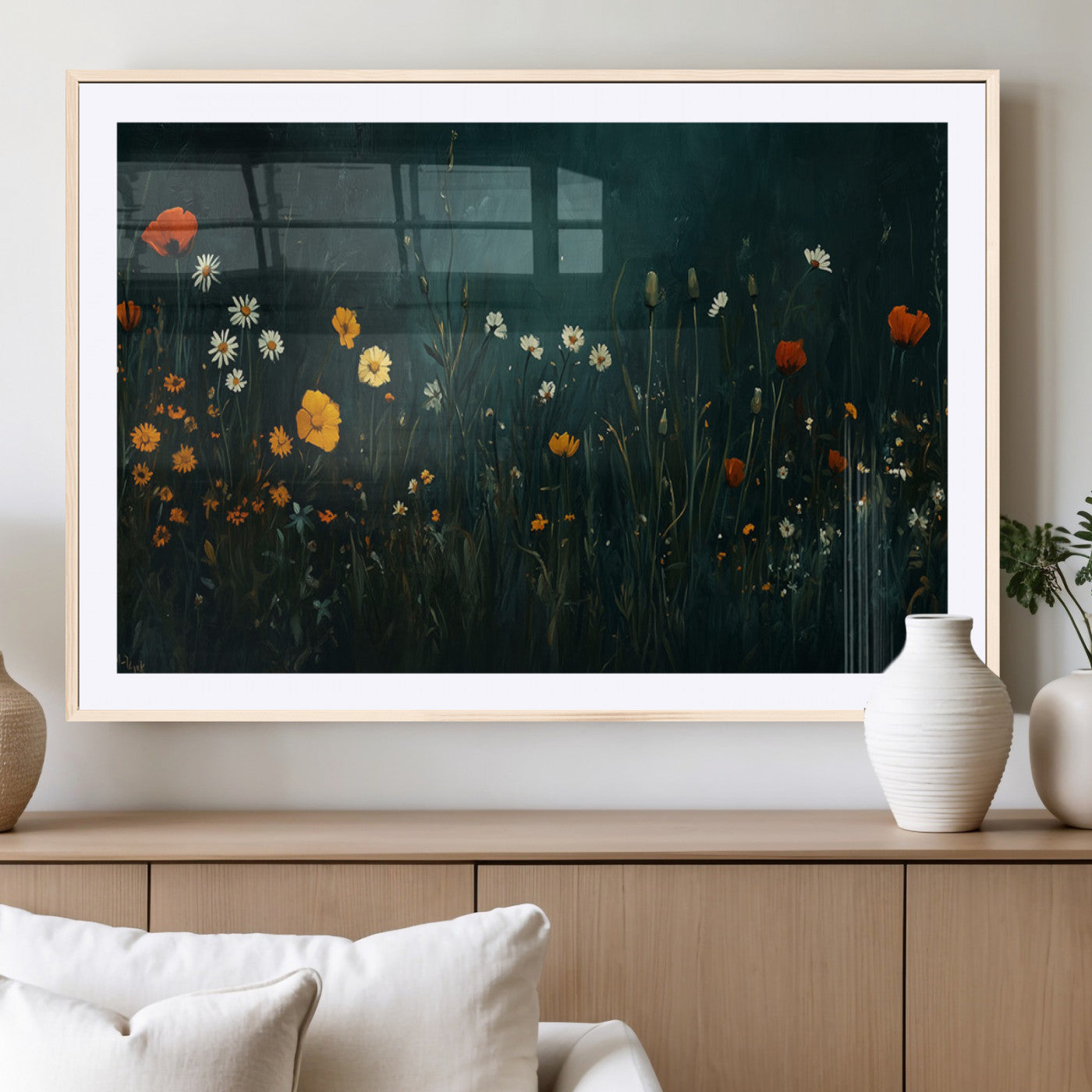MGC-FP-36x24 - Framed Wildflower Field Wall Art, Framed Vintage Botanical Landscape Sign, Floral Decor, Modern
