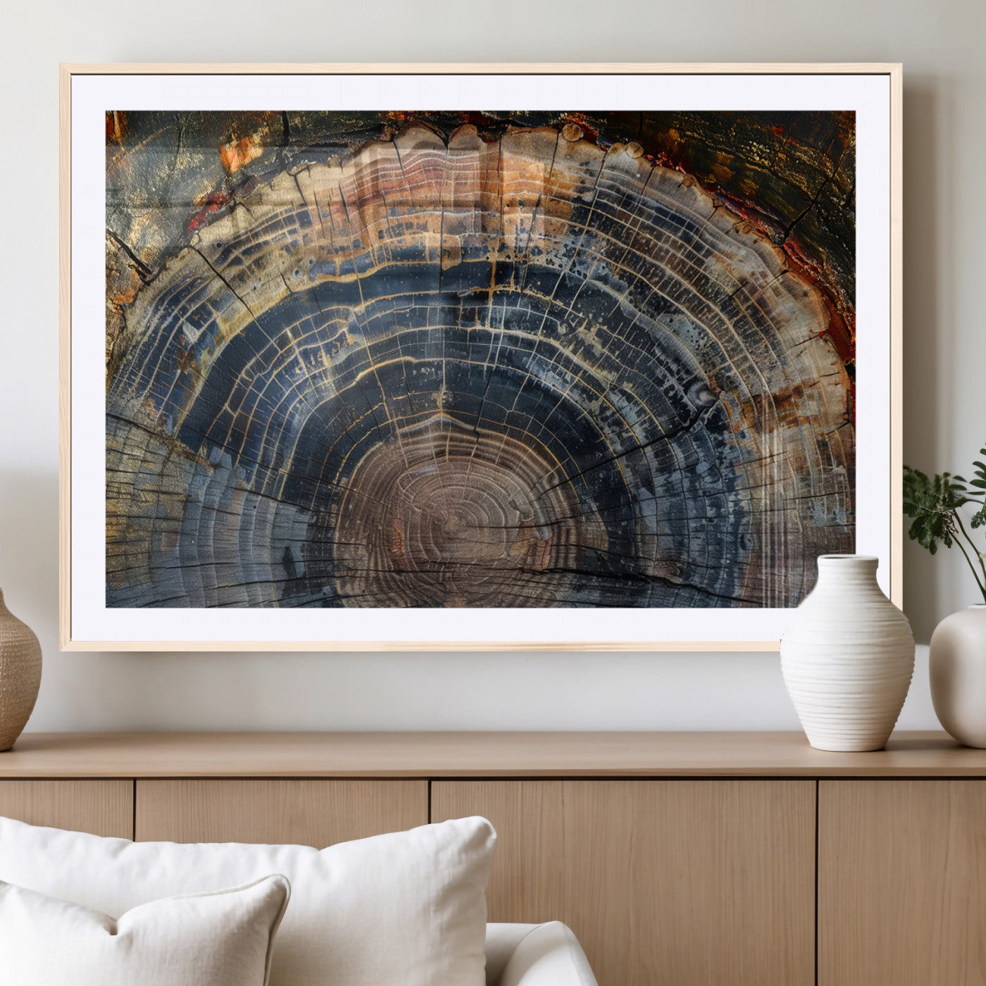 MGC-FP-36x24 - Framed Tree Ring Wall Art - Abstract Colorful Tree Ring Wall Decor, Minimalist Home Canvas Art,