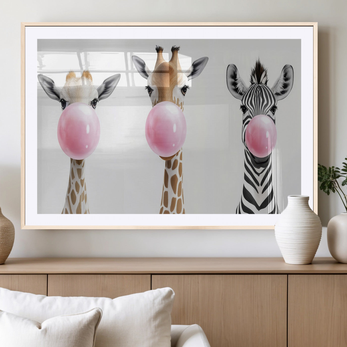 MGC-FP-36x24 - Bubblegum Animals Canvas Wall Art - Playful Giraffe and Zebra Trio, Fun Nursery Decor for Kids'