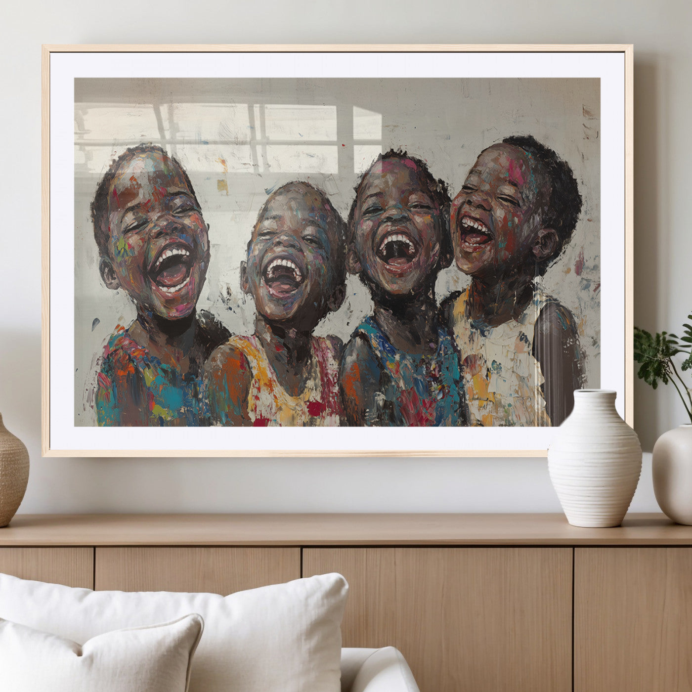 85256-MGV-CV-36X24-Shai Yossef Print - Joyful Childhood Canvas Wall Art - Expressive Impasto Painting of Laughing