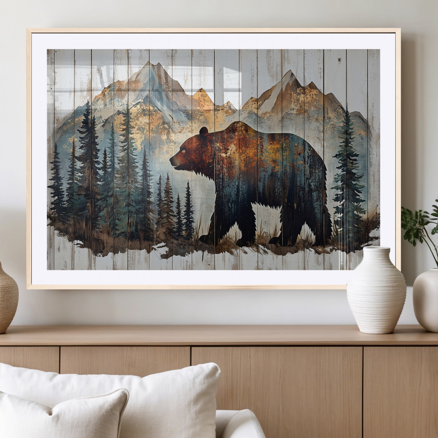 55777-MGV-CV-36X24-Rustic Grizzly 399 Bear and Mountain Wood Canvas Wall Art - Framed Nature Artwork with Forest