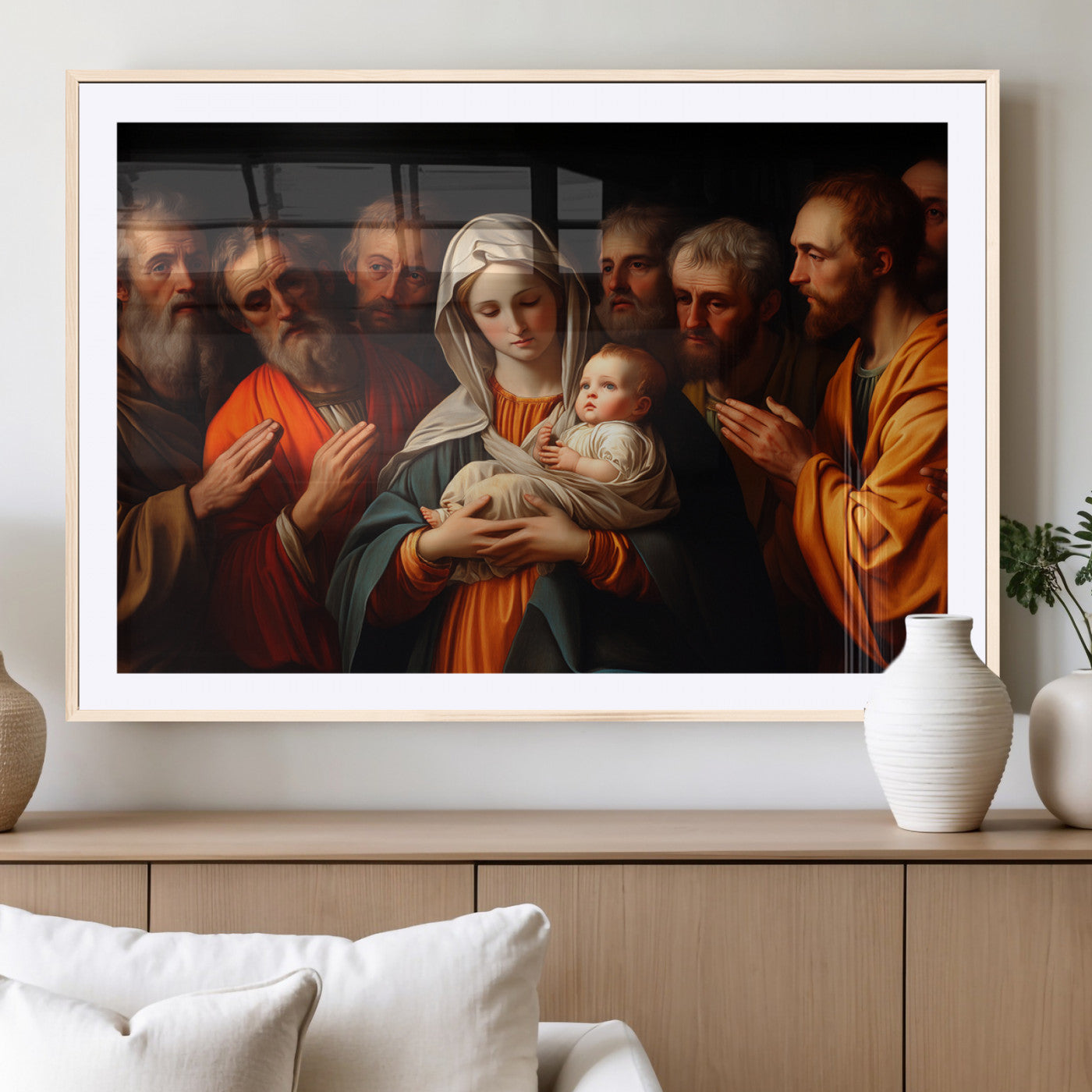 MGC-FP-36x24 - Religious Canvas Wall Art Print - Madonna and Child with Apostles Art Print - Classic Christian