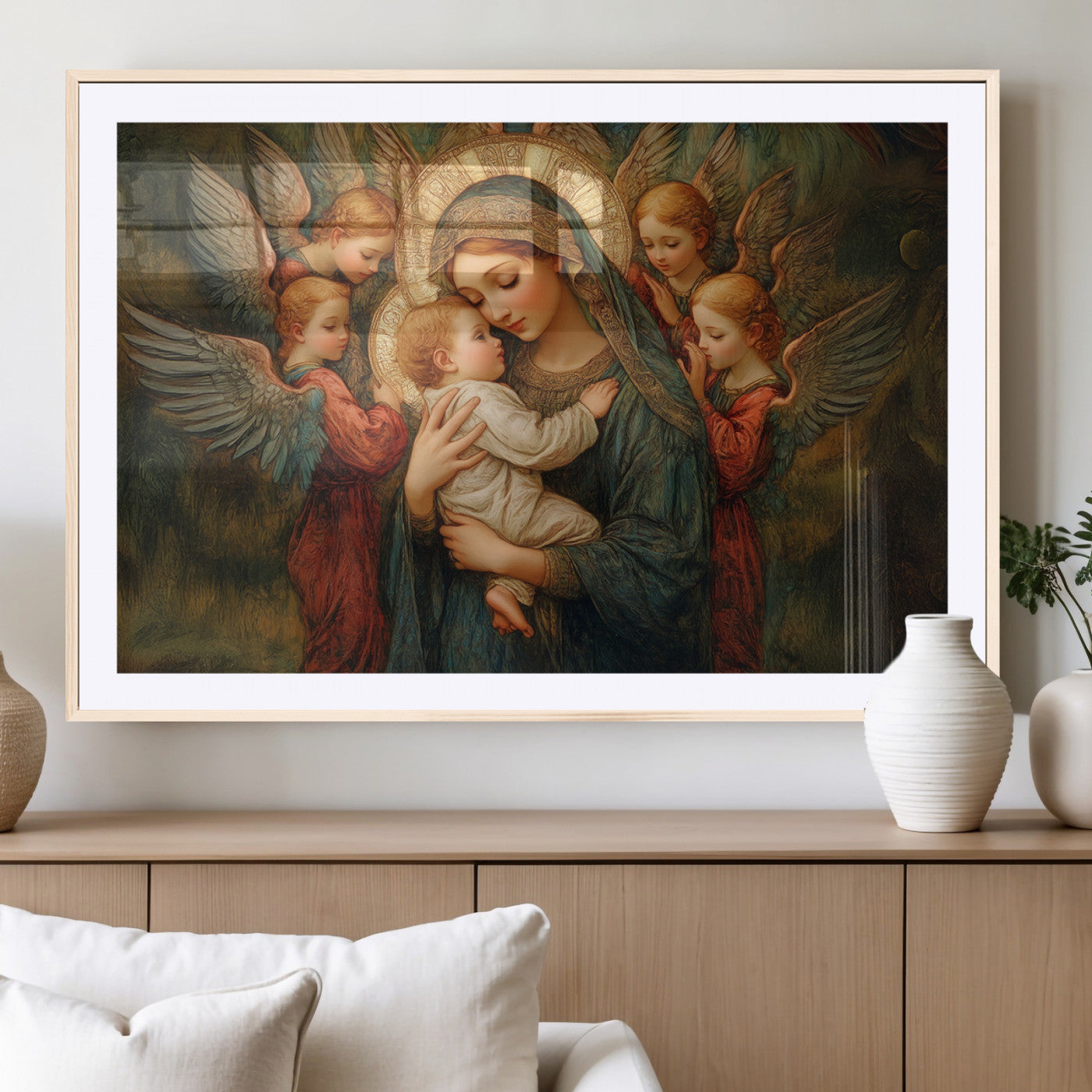 MGC-FP-36x24 - Mary Jesus Canvas Wall Art Print - Madonna and Child with Angels Art Print - Classic Christian