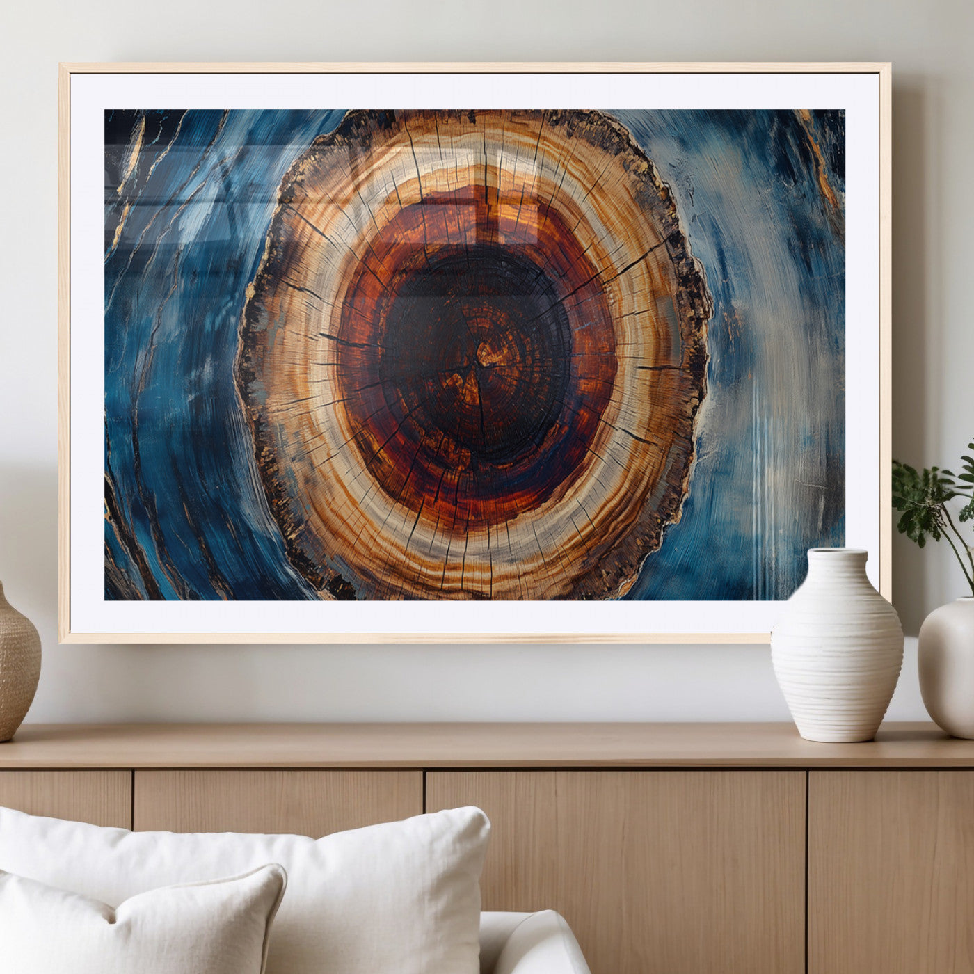 MGC-FP-36x24 - Framed Abstract Tree Ring Wall Art Print, Natural Rustic Wood Texture Canvas Print, Wood Tree Stump