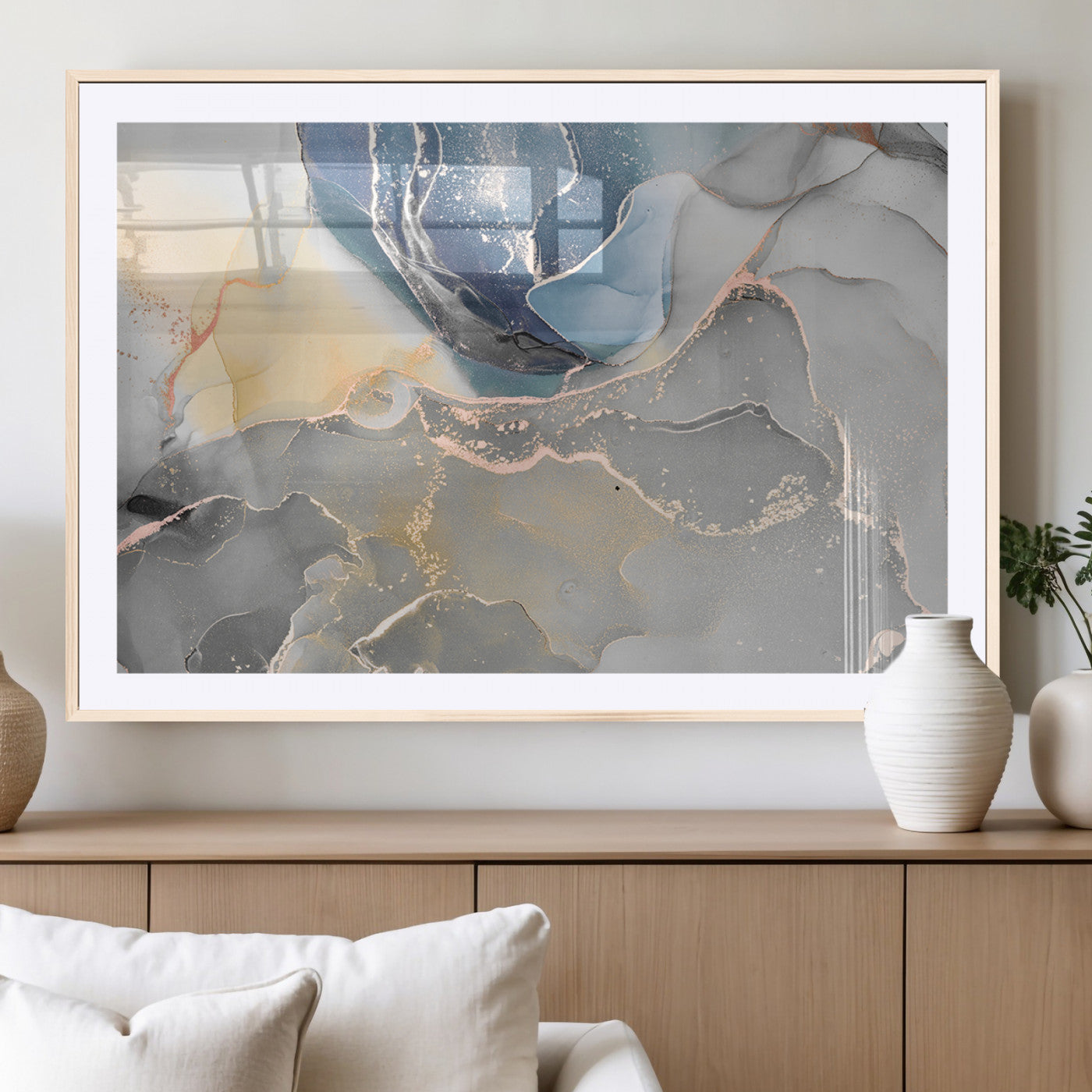 MGC-FP-36x24 - Large Abstract Blue and Gold Canvas Wall Art | Fluid Ink Artwork Print | Luxury Wall Decor for