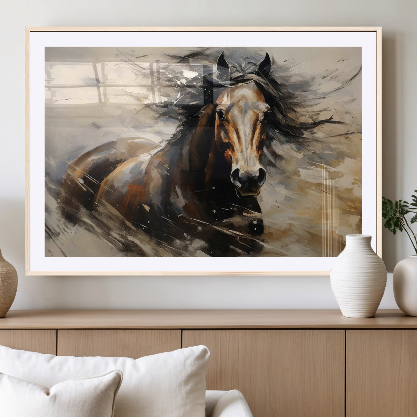MGC-FP-36x24 - Abstract Wall Art Horse Print - Large Western Horse Canvas - Farmhouse Woodland Wall Art - Framed