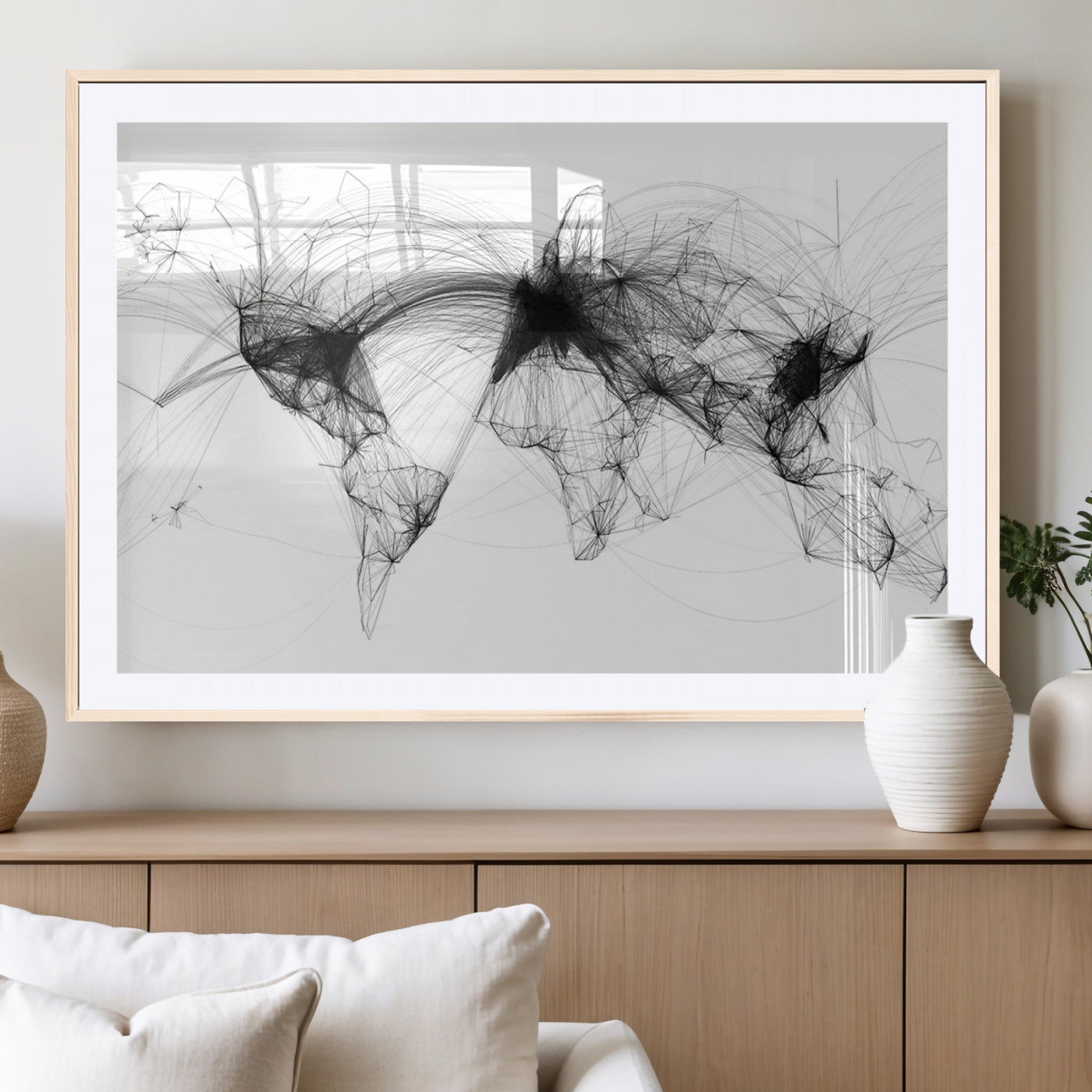 50136-MGV-CV-36X24-Abstract World Map Wall Art – Framed Geometric Line Canvas Artwork, Modern Global Design, Contemporary Decor for Home, Office