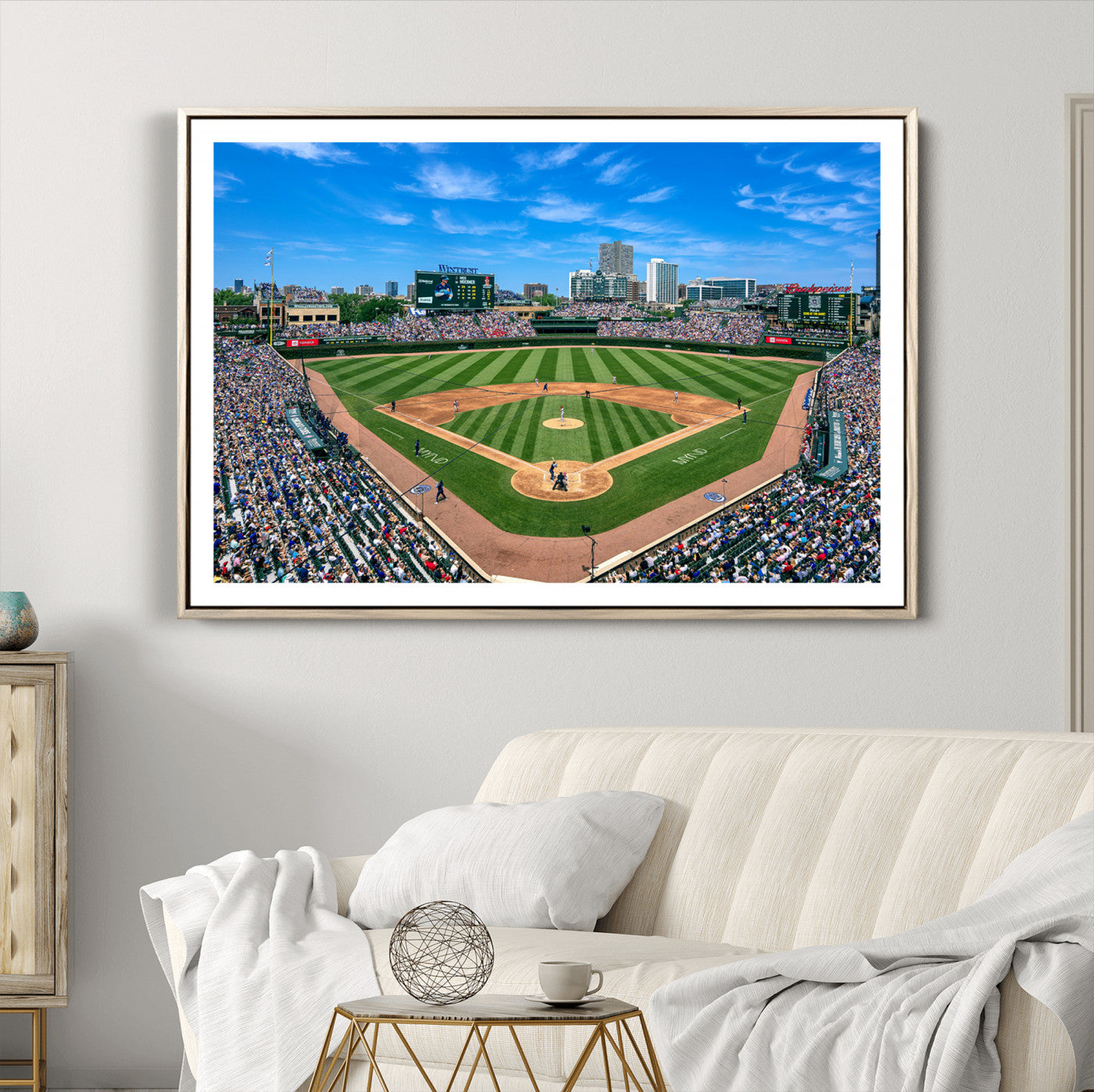 26064-MGV-CV-30X20-Framed Wrigley Field Chicago Cubs Print, Panoramic Multi Piece Canvas Wall Art - Iconic Baseball Stadium Print for Sports Lovers - Ready to