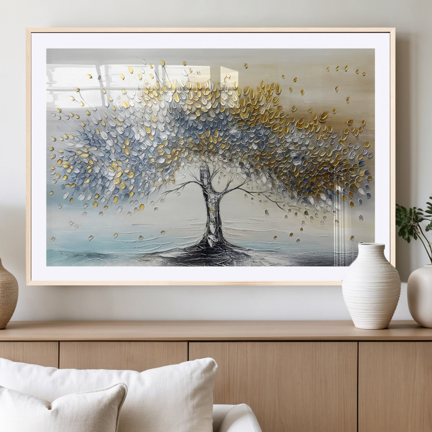 MGC-FP-36x24 - Golden & Silver Tree of Life Wall Art – Canvas Print with Whimsical Leaves Elegant Nature Design, Decorative Home, Office or Guest Room Decor