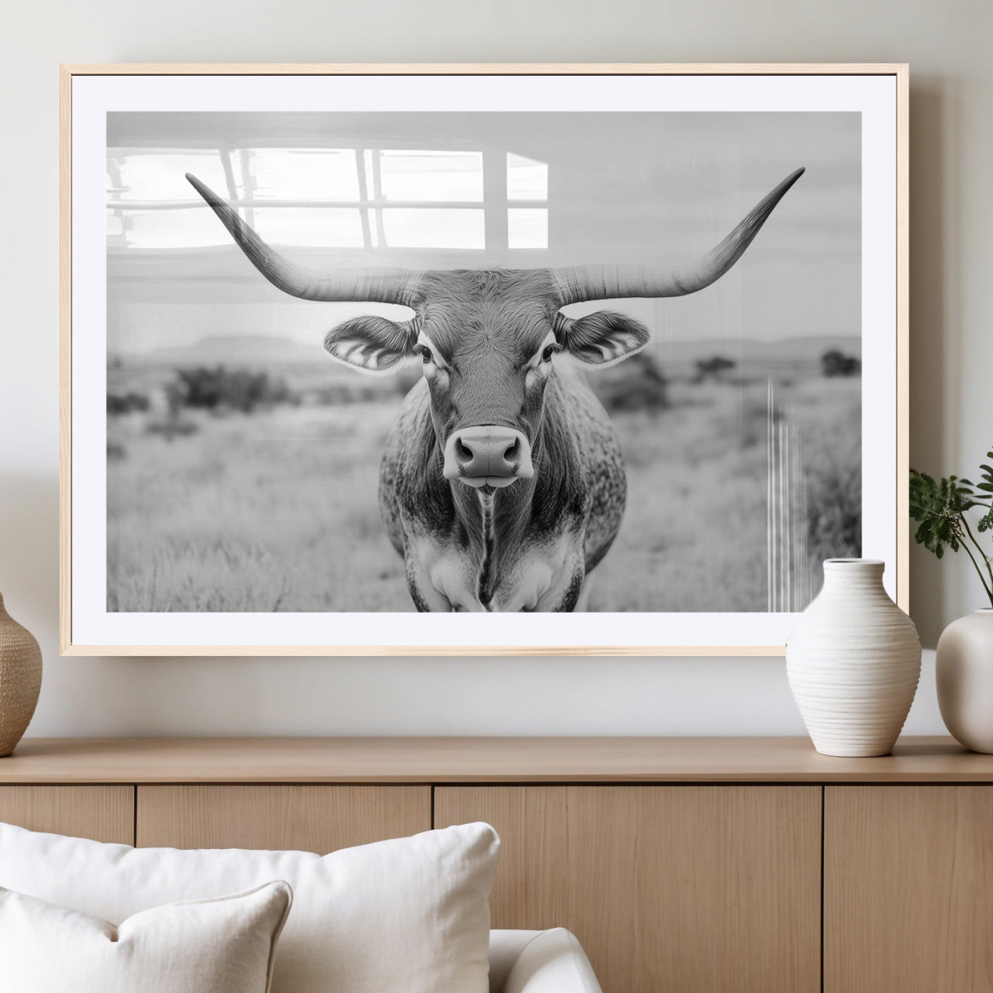 MGC-FP-36x24 - Highland Cow Wall Art Print - Black and White Texas Western Longhorn Canvas - Farmhouse Decor Print