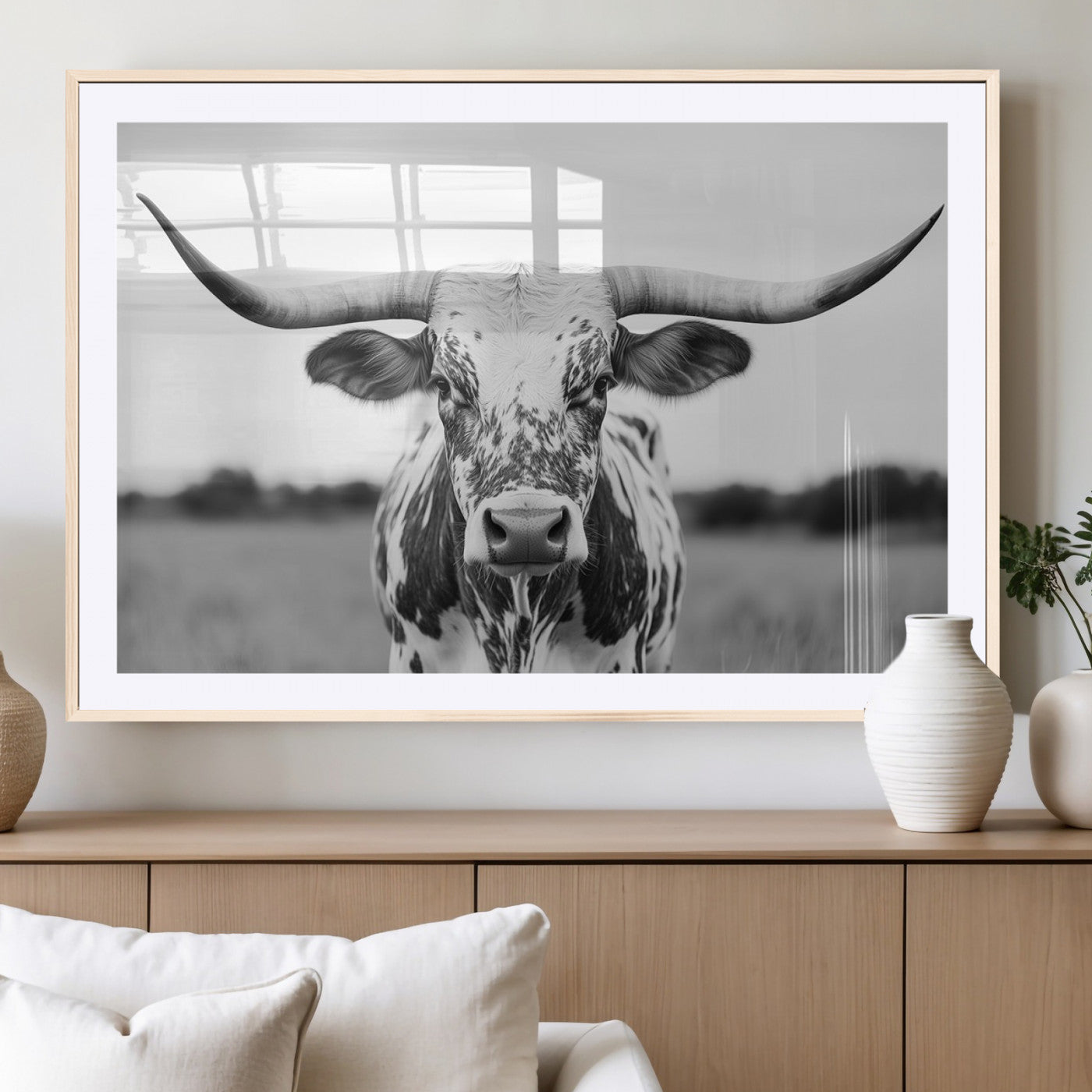 MGC-FP-36x24 - Highland Cow Wall Art - Black and White Western Longhorn Canvas Print - Farmhouse Living Room Decor