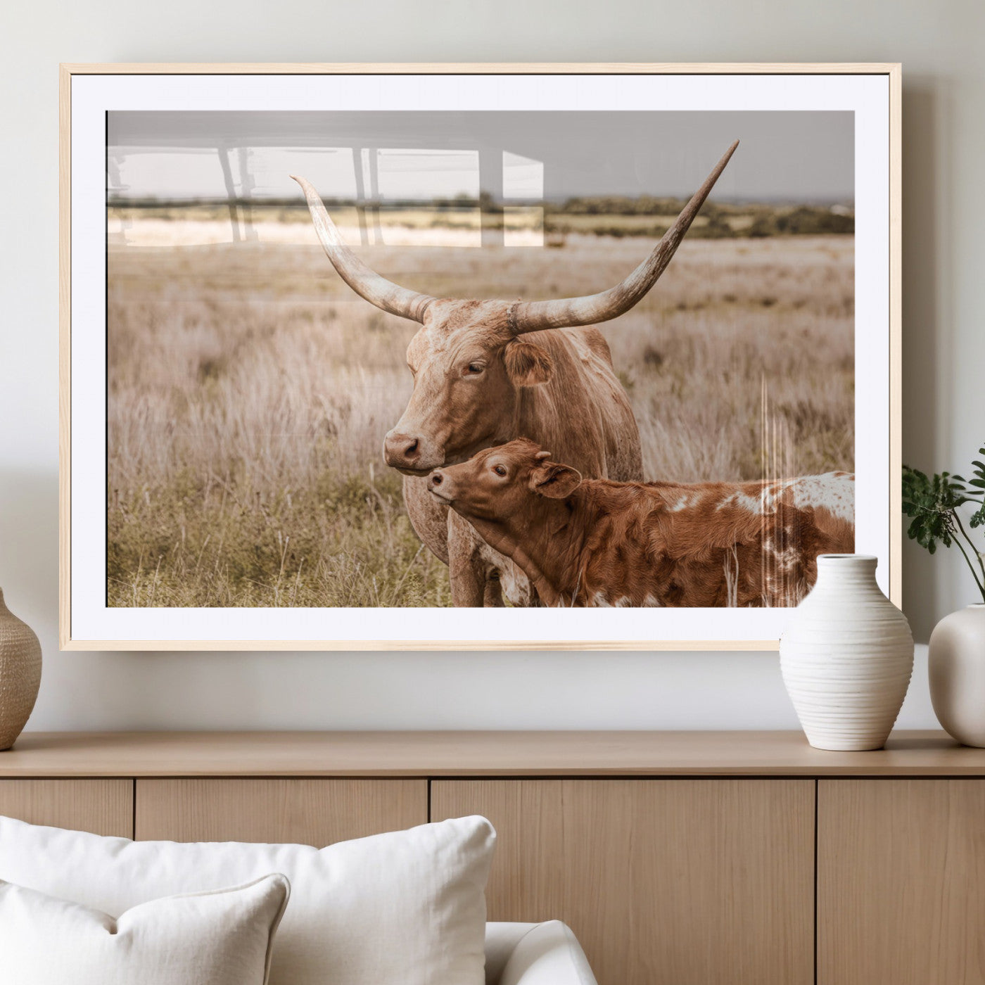 MGC-FP-36x24 - Texas Longhorn Cow Wall Art Canvas Print for Farmhouse Wall Art, Texas Decor, Western Wall Art Print