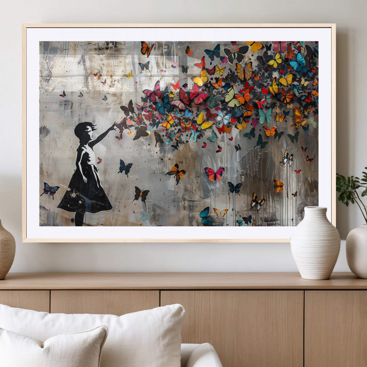 MGC-FP-36x24 - Framed Banksy Butterfly Girl Wall Art ,3-Piece Butterfly Girl Canvas, Modern Graffiti Canvas Print