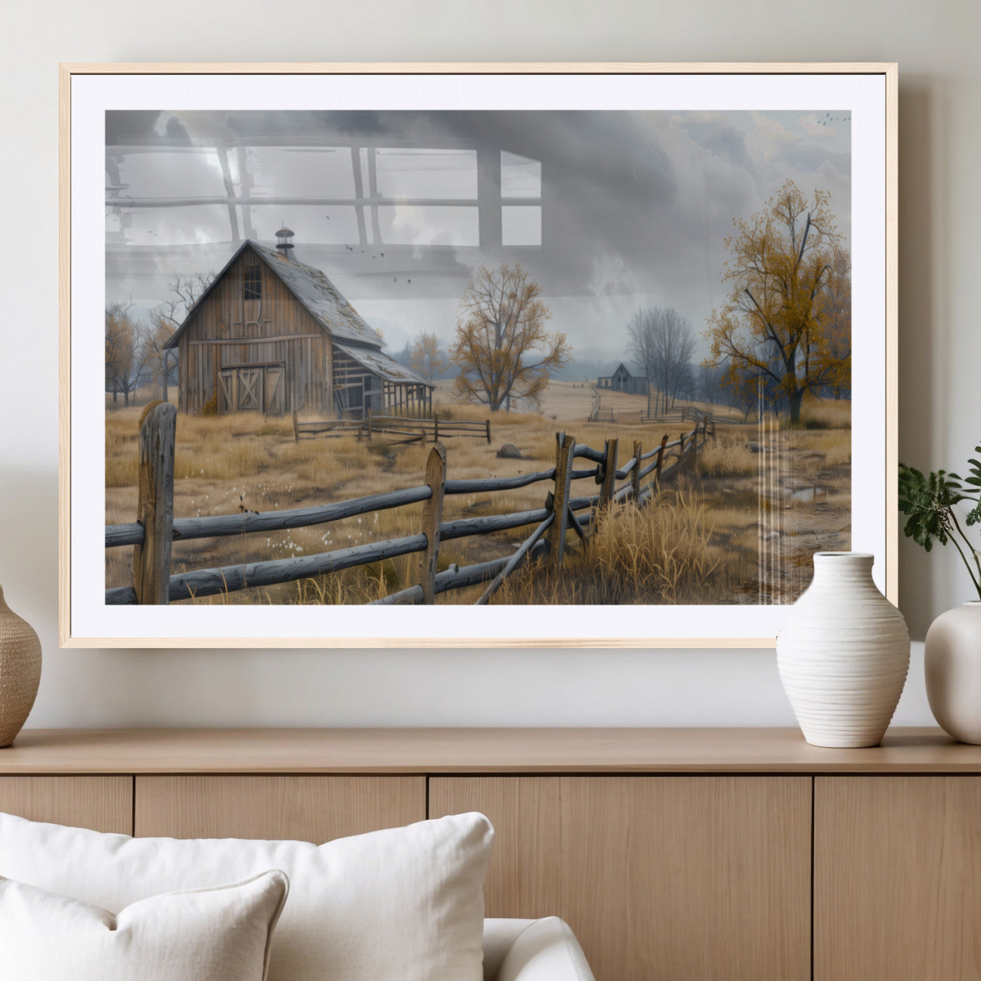 MGC-FP-36x24 - Rustic Autumn Farmhouse Wall Art Canvas Print – Serene Countryside Scene with Weathered Barn and