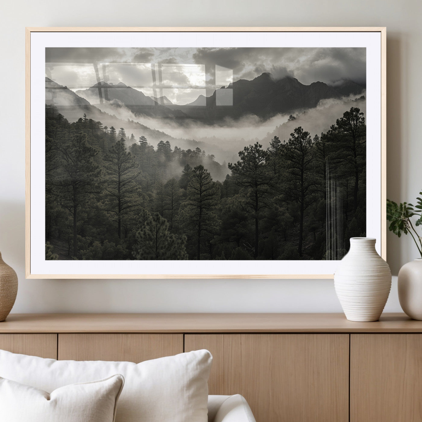 MGC-FP-36x24 - Misty Mountain Forest Wall Art – Canvas Print of Cloudy Peaks, Tranquil Pines, Enchanted Landscape, Majestic Nature Decor for Home or Office