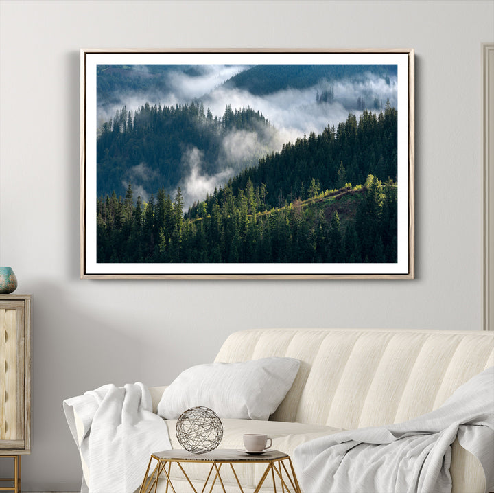 Misty Forest Wall Art Canvas Print, Framed Pine Hills Art Picture Print, Moody Hills Perfect Moody Woodland Decor Artwork