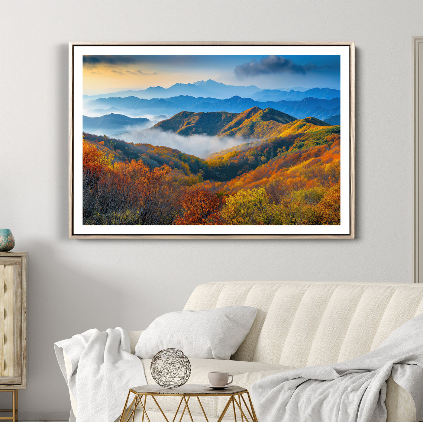 86772247-MGV-CV-36X24-Autumn Mountains Wall Art Canvas Print – Foggy Peaks Colorful Foliage Serene Landscape Nature Artwork for Home Office