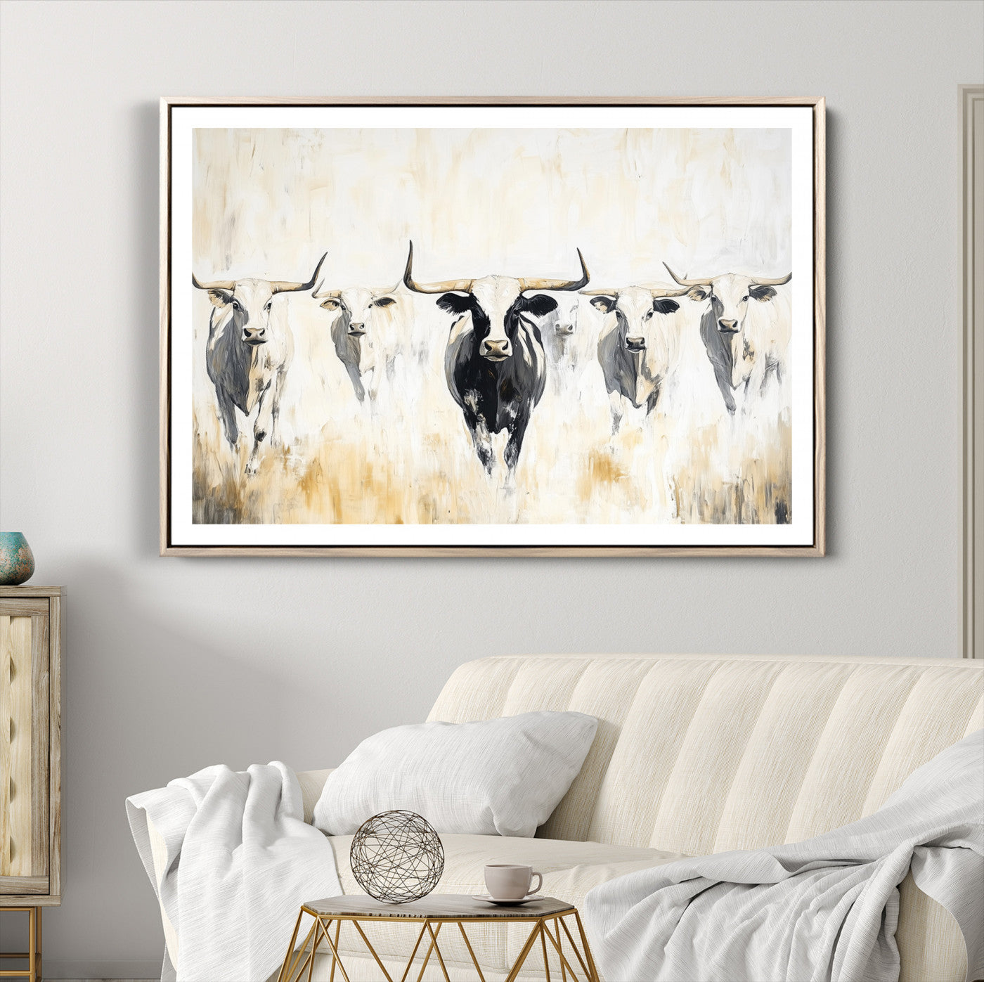 40397799-MGV-CV-36X24-Texas Longhorn Wall Art Canvas Print – Rustic Western Bull Herd Neutral Tones Country Ranch Artwork for Home Office