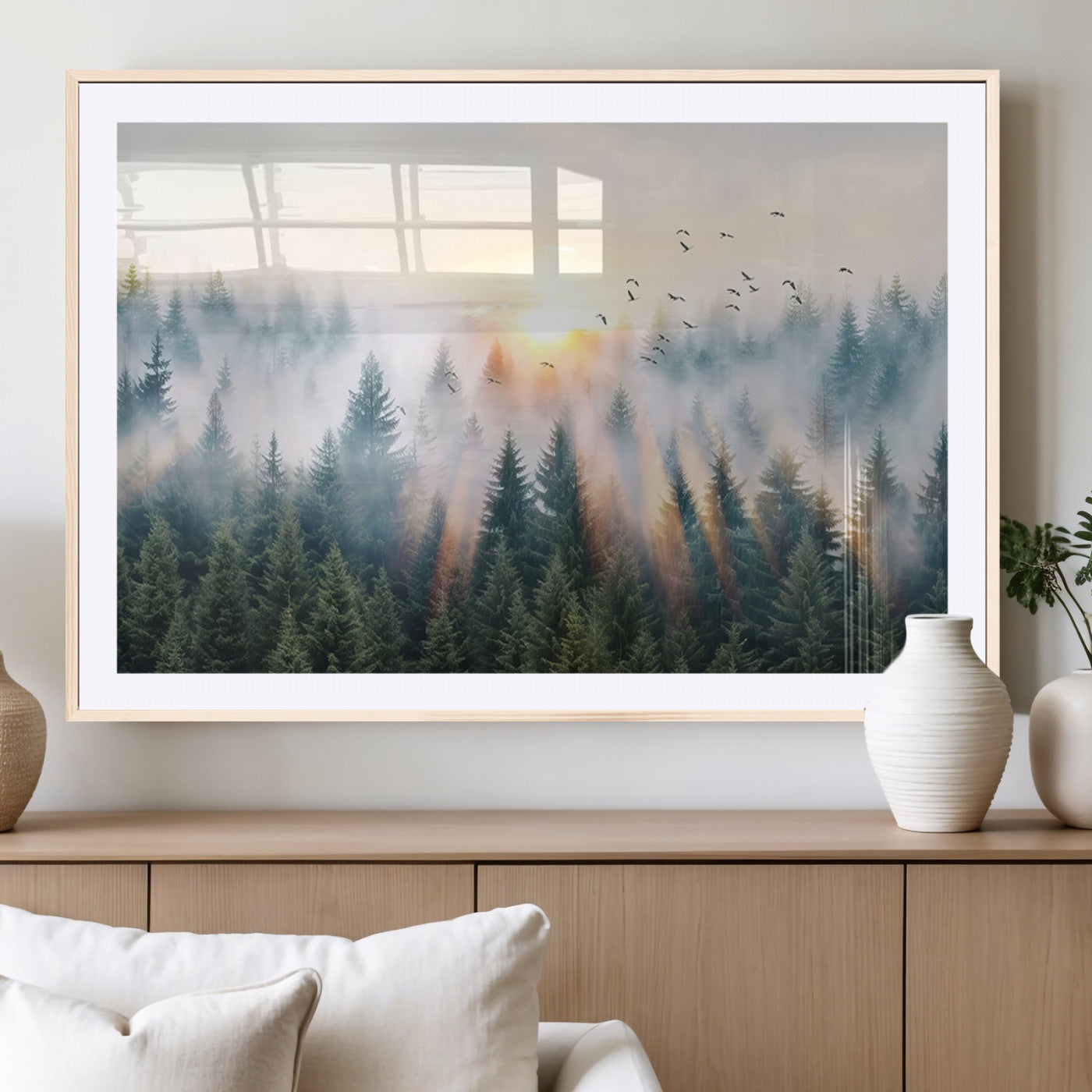 MGC-FP-36x24 - Misty Pine Forest Wall Art Canvas, Sunrise Over Foggy Trees Canvas for Home - Office, Framed