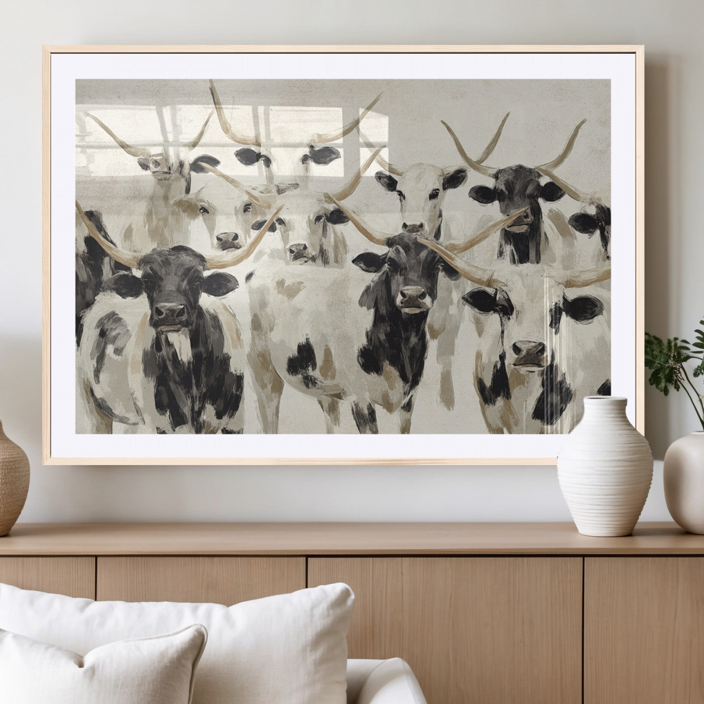 MGC-FP-36x24 - Longhorn Texas Cow Drawing Abstract Wall Art Canvas Print for Farmhouse Decor, Texas Bull Printing