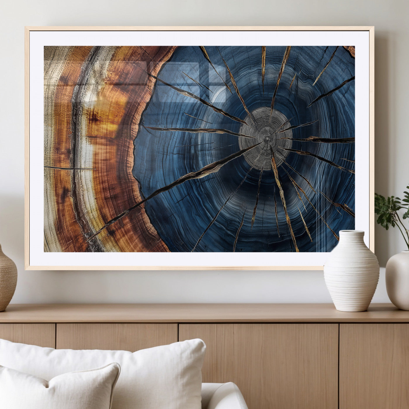 MGC-FP-36x24 - Framed Abstract Tree Ring Wall Art Print, Natural Rustic Wood Texture Canvas Print, Wood Tree Stump