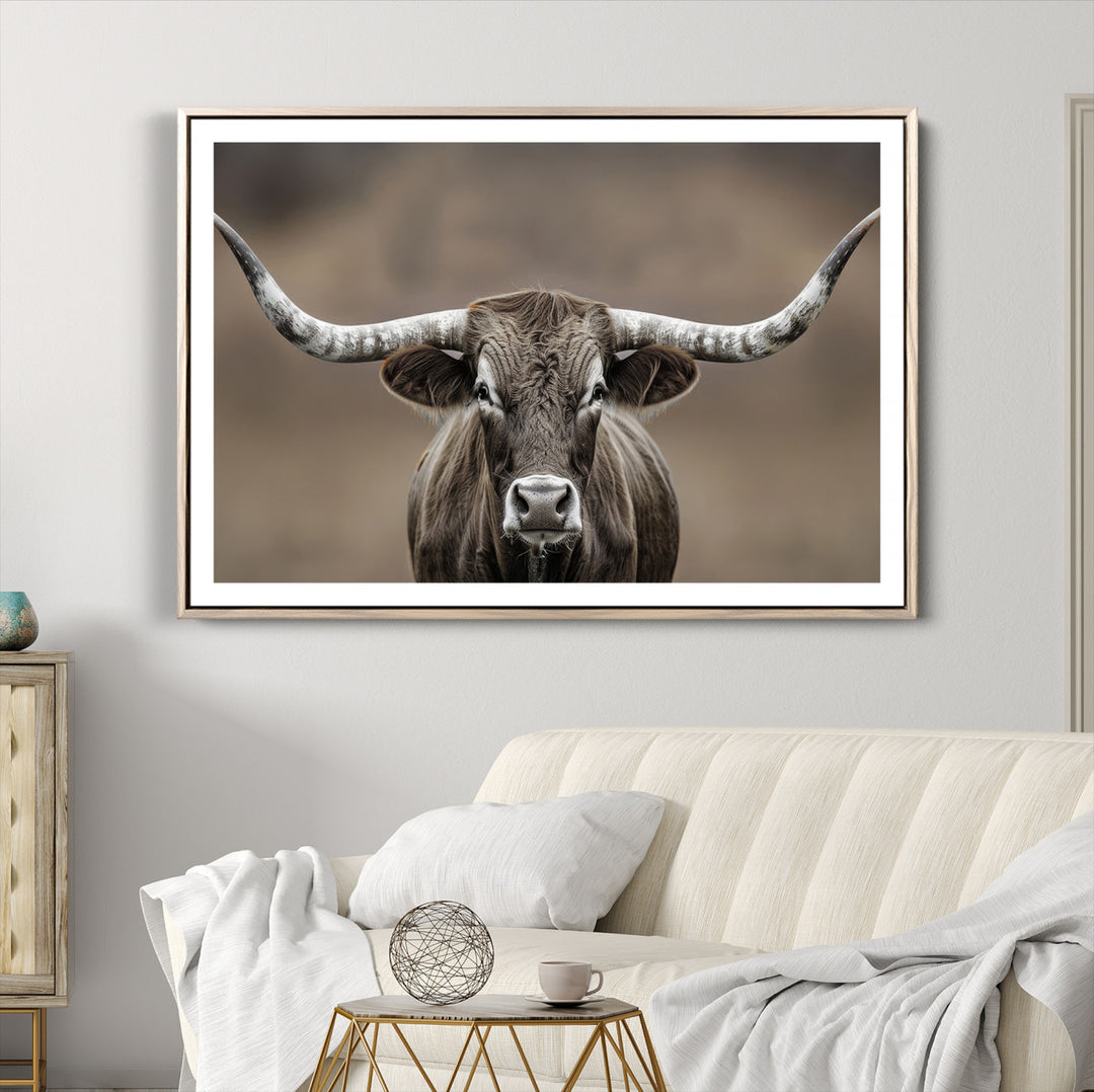 The Framed Texas Longhorn Bull Art Canvas Print adds timeless elegance to the serene setting.