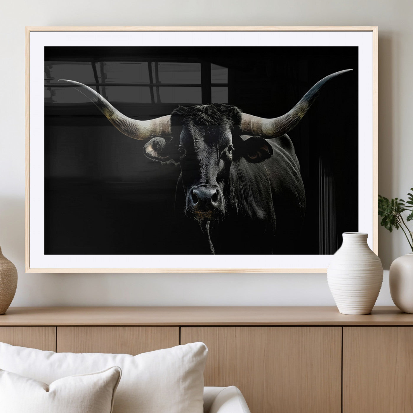 MGC-FP-36x24 - Texas Black Bull Wall Art Print, Longhorn Bull Canvas Wall Art