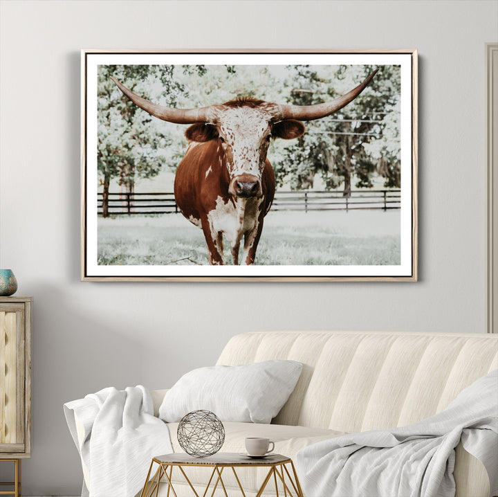 Texas Longhorn Wall Art Canvas Print, Framed Spotted Cow Art Picture Print, Horned Cattle Perfect Rustic Western Decor, Framed Horned Cattle Print
