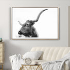 64392617-MGV-CV-36X24-Longhorn Wall Art Wall Art Canvas Print, Framed Modern Ranch Style Art Art Picture Print, Monochrome Cow Print Perfect Rustic Western Decor