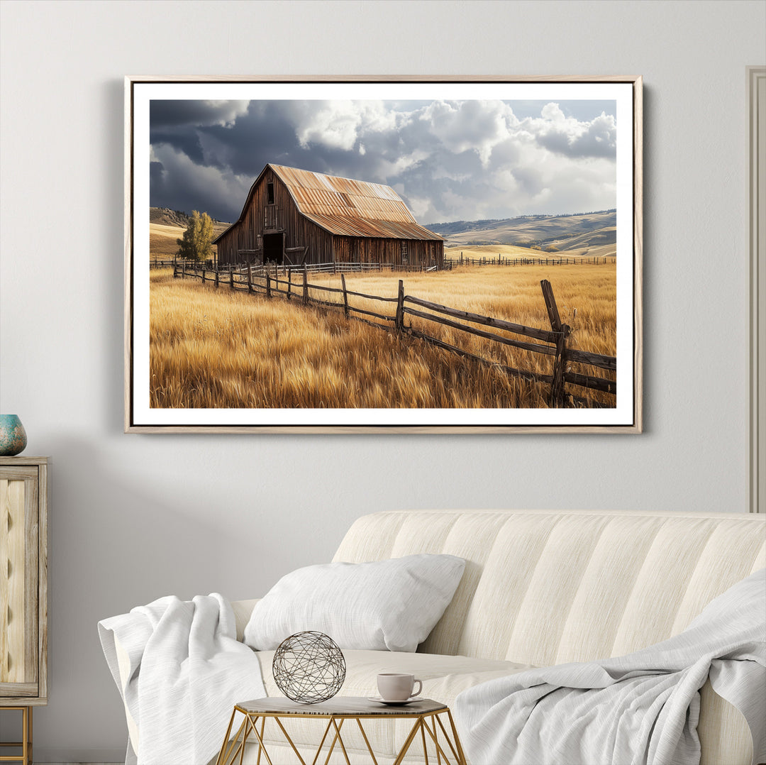 Rustic Barn Wall Art Canvas Print, Framed Moody Barn Art Picture Print, Golden Field Perfect Rustic Farmhouse Decor