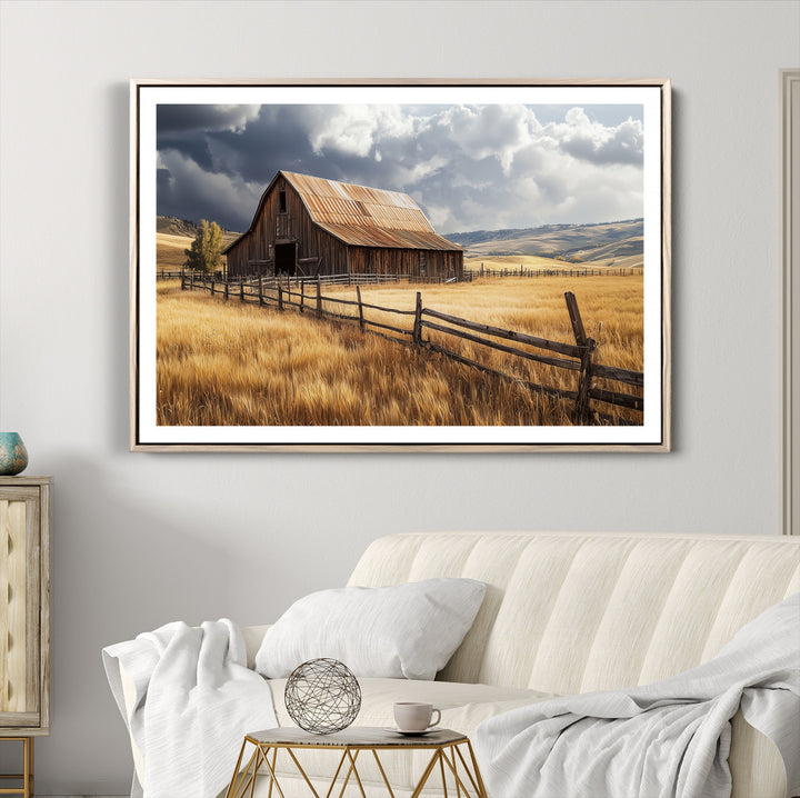 Rustic Barn Wall Art Canvas Print, Framed Moody Barn Art Picture Print, Golden Field Perfect Rustic Farmhouse Decor