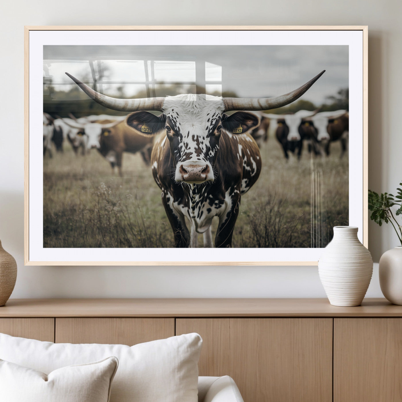 MGC-FP-36x24 - Majestic Longhorn Cow Wall Art – Canvas Print of Intricate Fur & Sharp Horns Earthy Tones Serene Landscape, Rustic Charm Decor for Living Room, Office or Bedroom