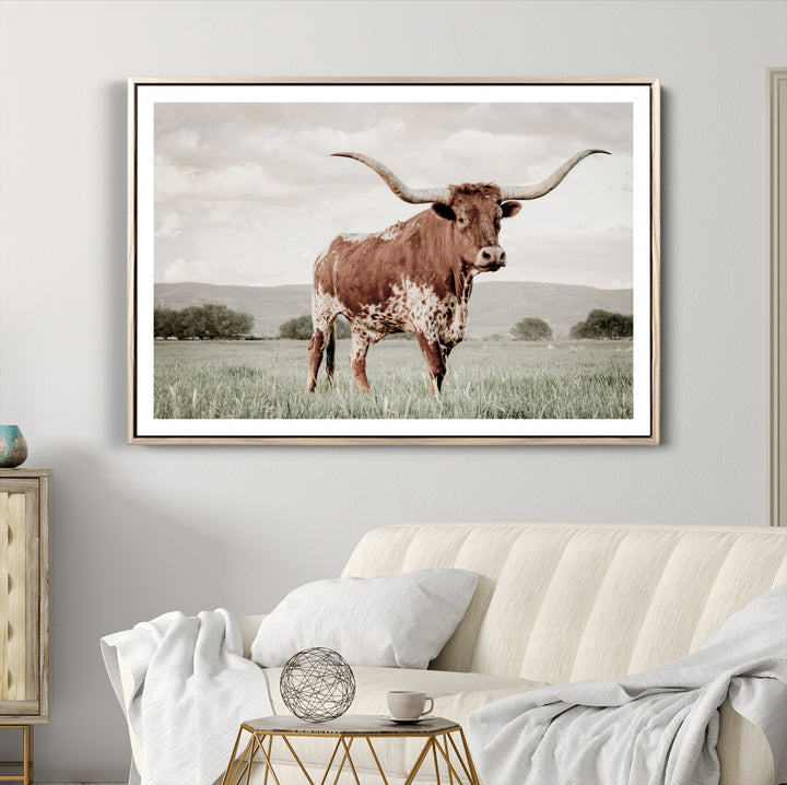Texas Longhorn Wall Art Canvas Print, Framed Spotted Cattle Art Picture Print, Horned Bull Perfect Rustic Western Decor Artwork
